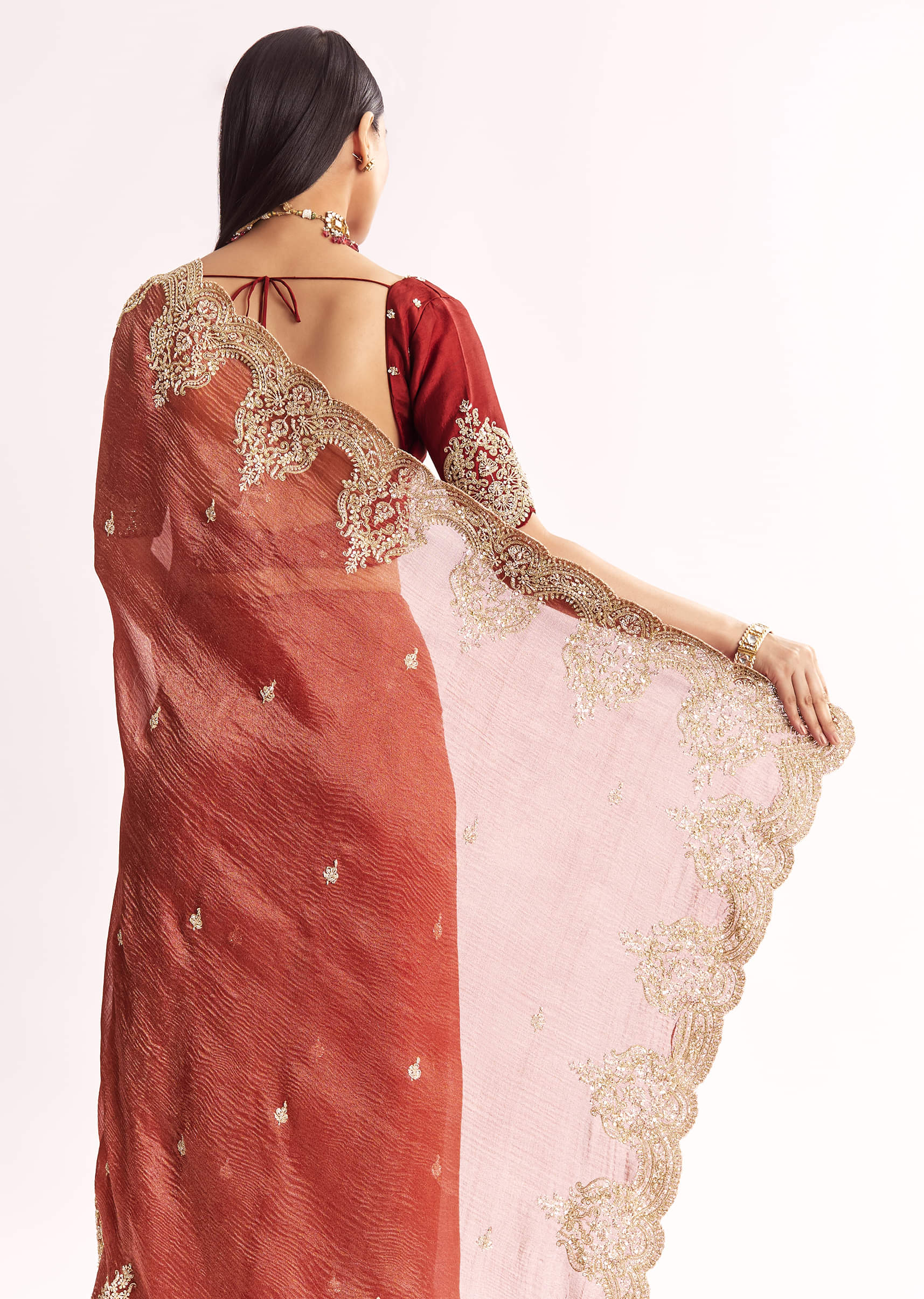 Brownish Mauve Crush Tissue Saree With Heavy Border And Blouse - Image 6