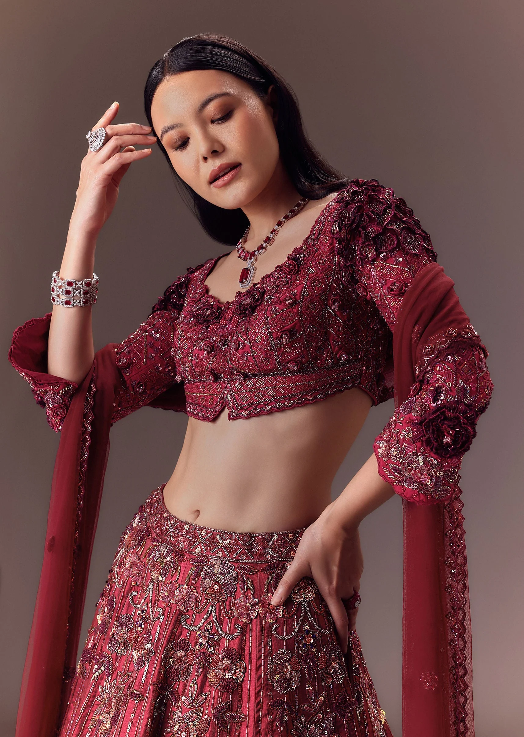 Burgandy Wine Organza Lehenga Set - Image 4