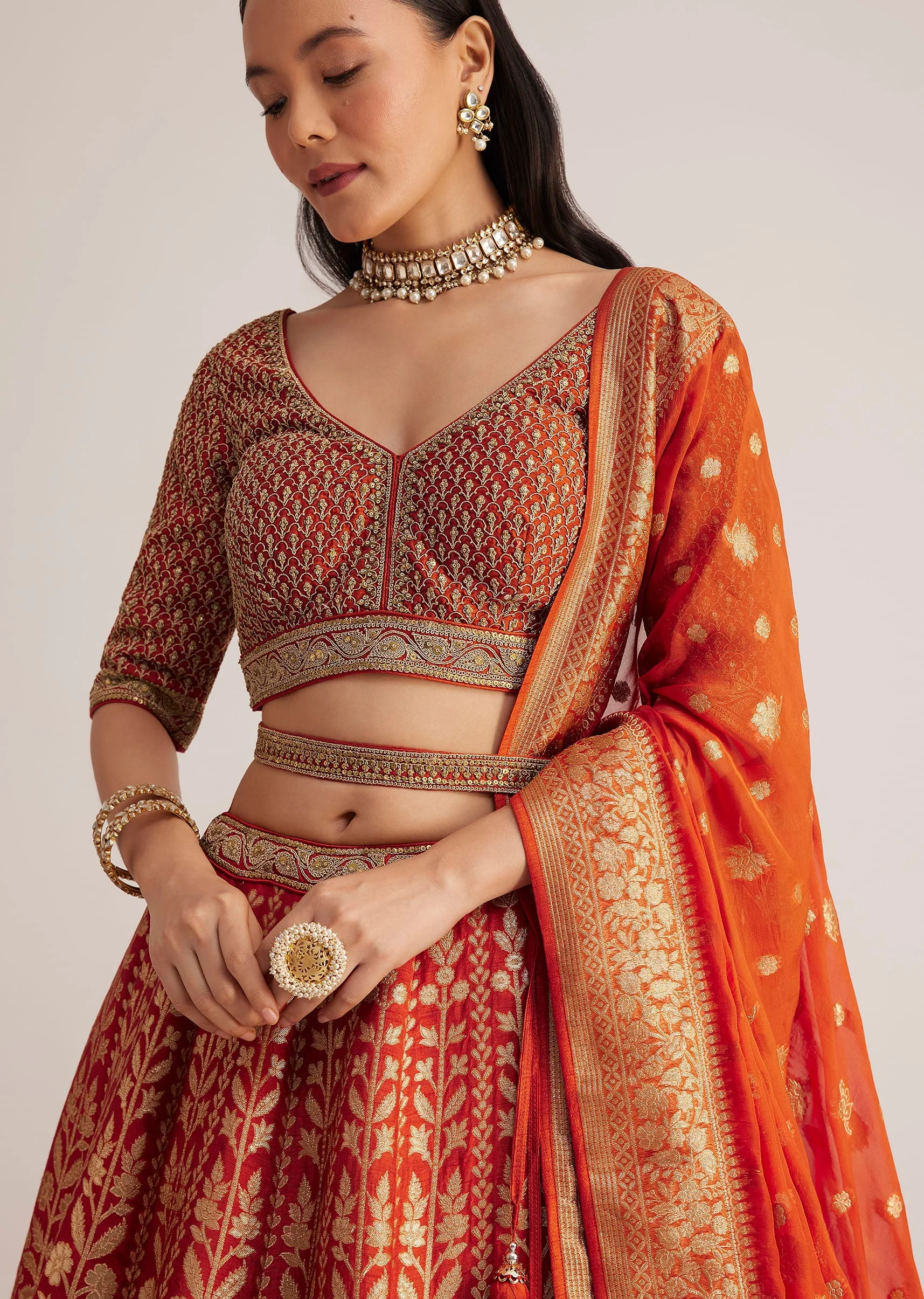 Burnt Orange Brocade Embroidered Lehenga Set - Image 3