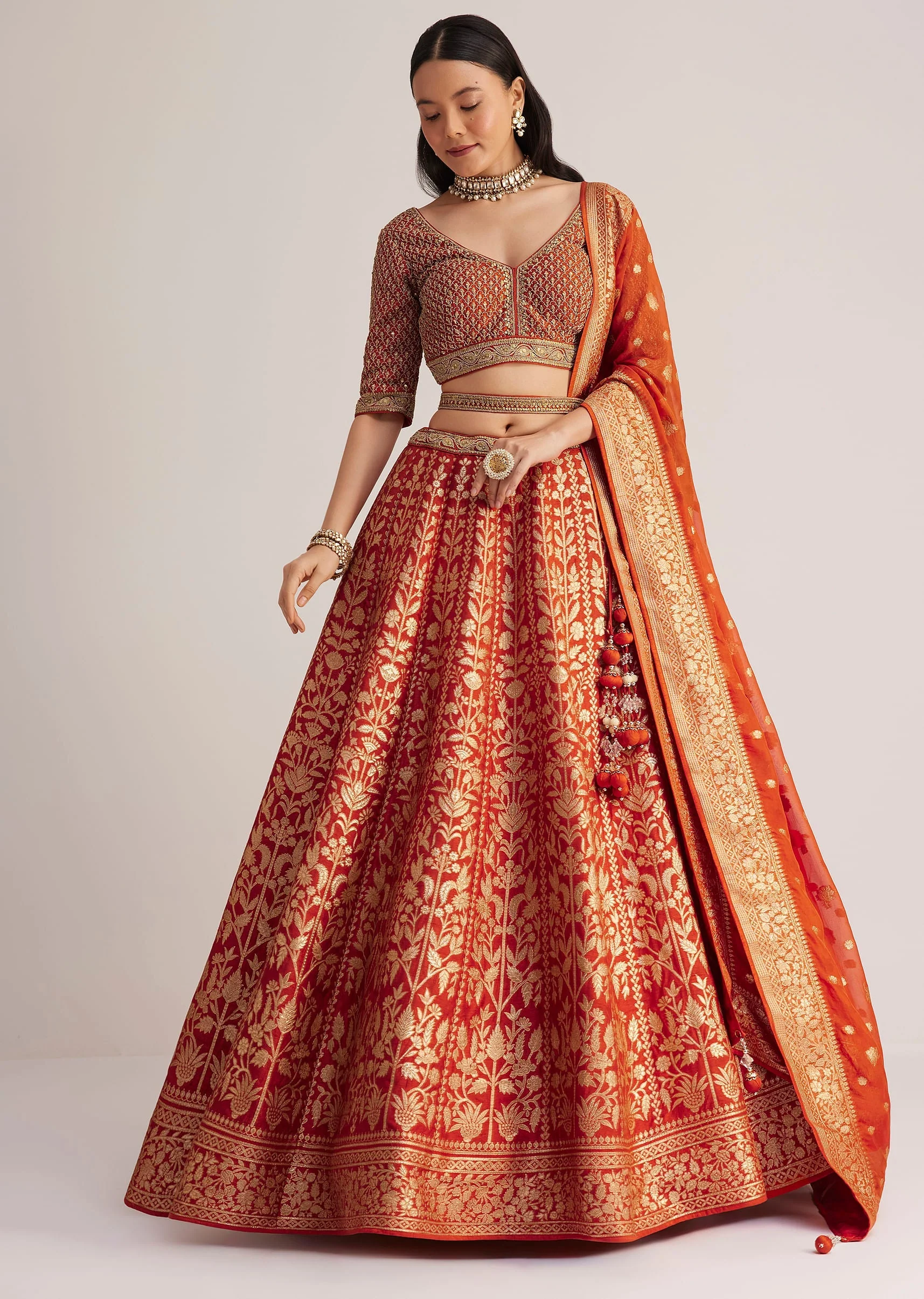 Burnt Orange Brocade Embroidered Lehenga Set - Image 4