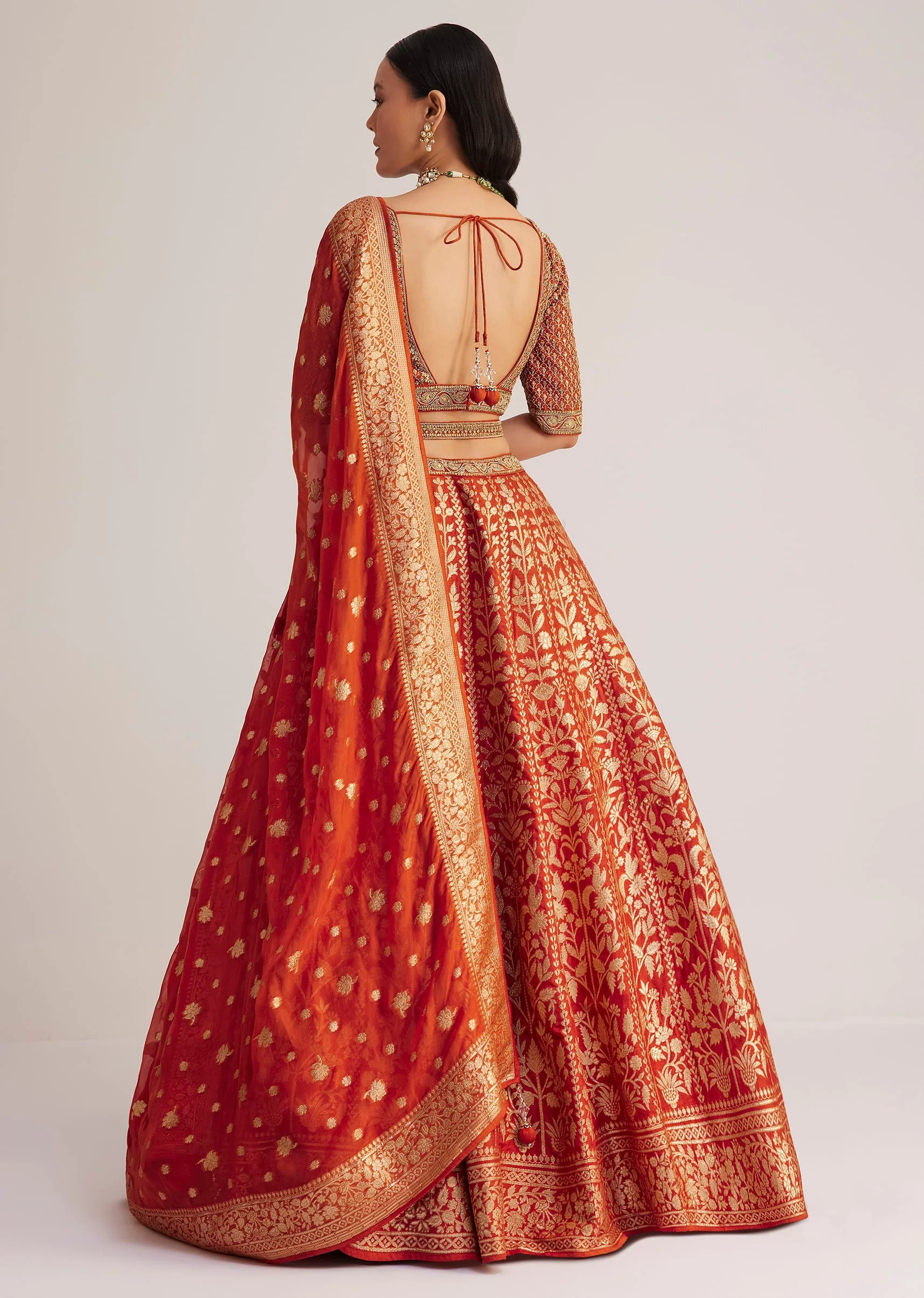 Burnt Orange Brocade Embroidered Lehenga Set - Image 5