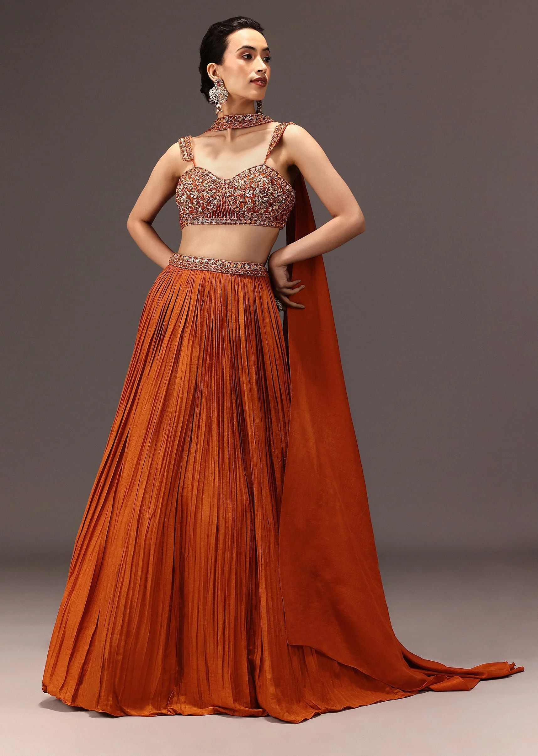 Burnt Rust Organza Hand Embellished Ruched Lehenga Set With Choker Dupatta - Image 2