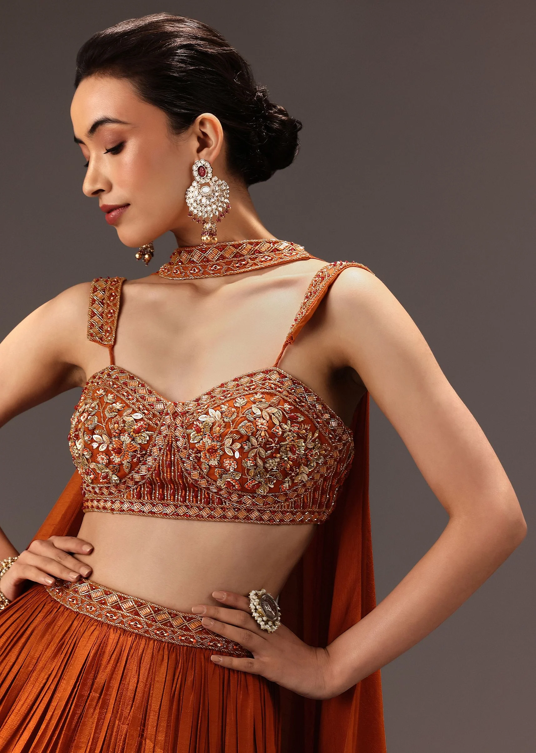 Burnt Rust Organza Hand Embellished Ruched Lehenga Set With Choker Dupatta - Image 3