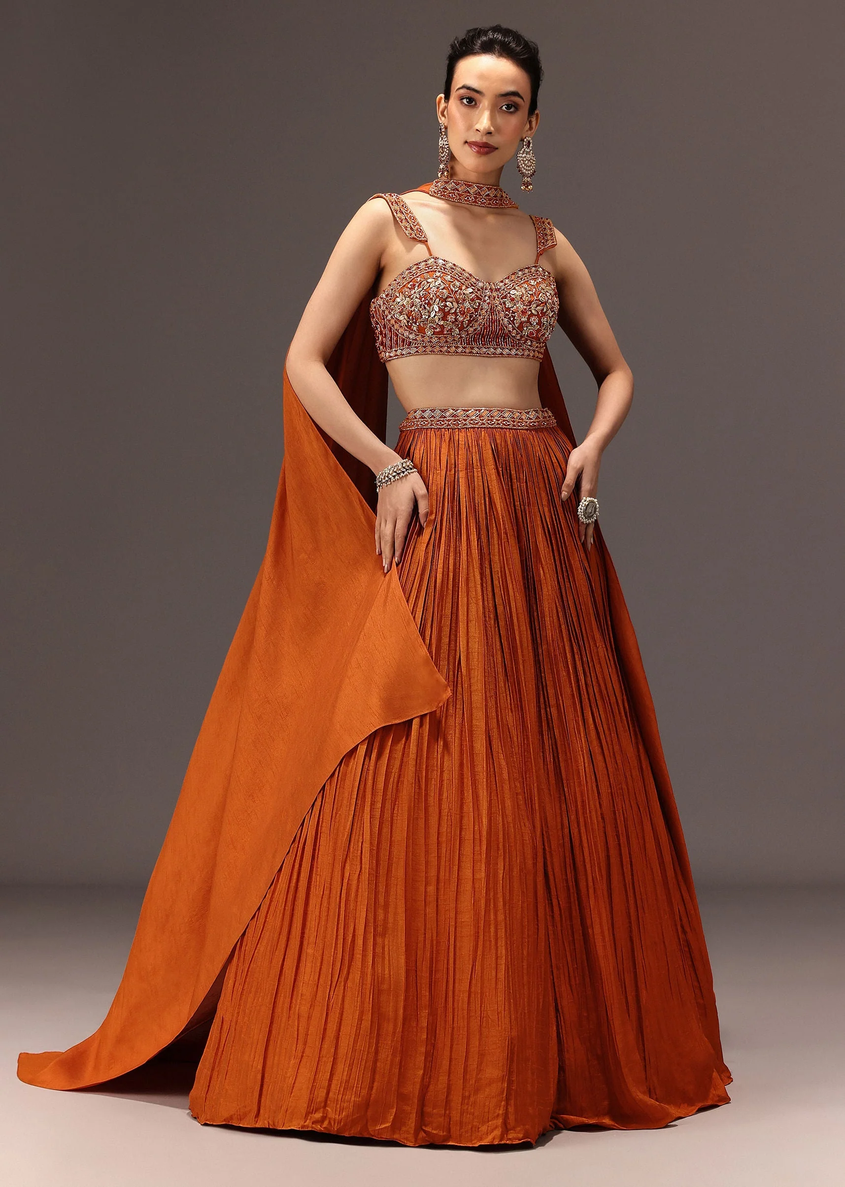Burnt Rust Organza Hand Embellished Ruched Lehenga Set With Choker Dupatta - Image 4
