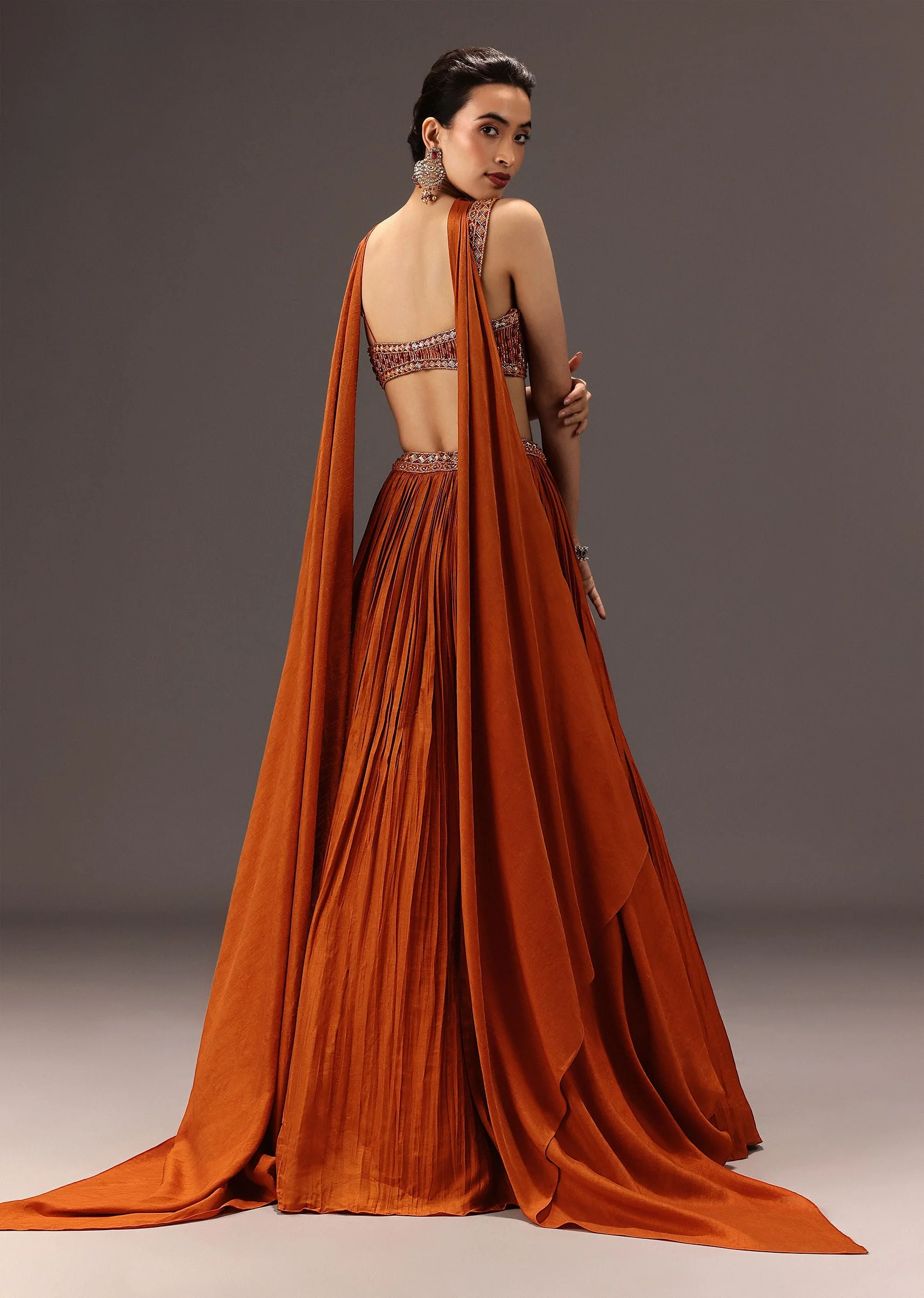 Burnt Rust Organza Hand Embellished Ruched Lehenga Set With Choker Dupatta - Image 5
