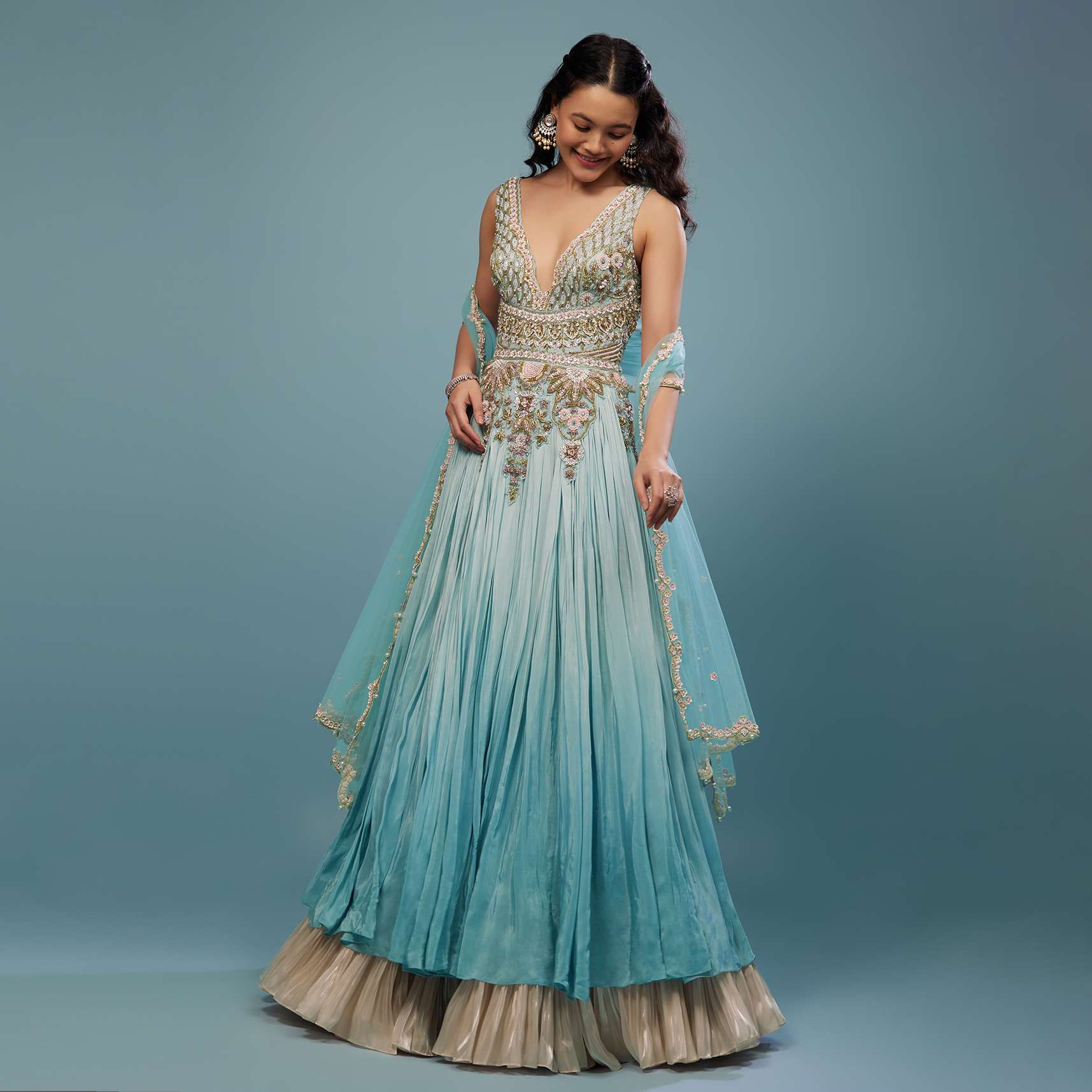 Mint Blue Embroidered Anarkali Suit In Crepe - Image 3