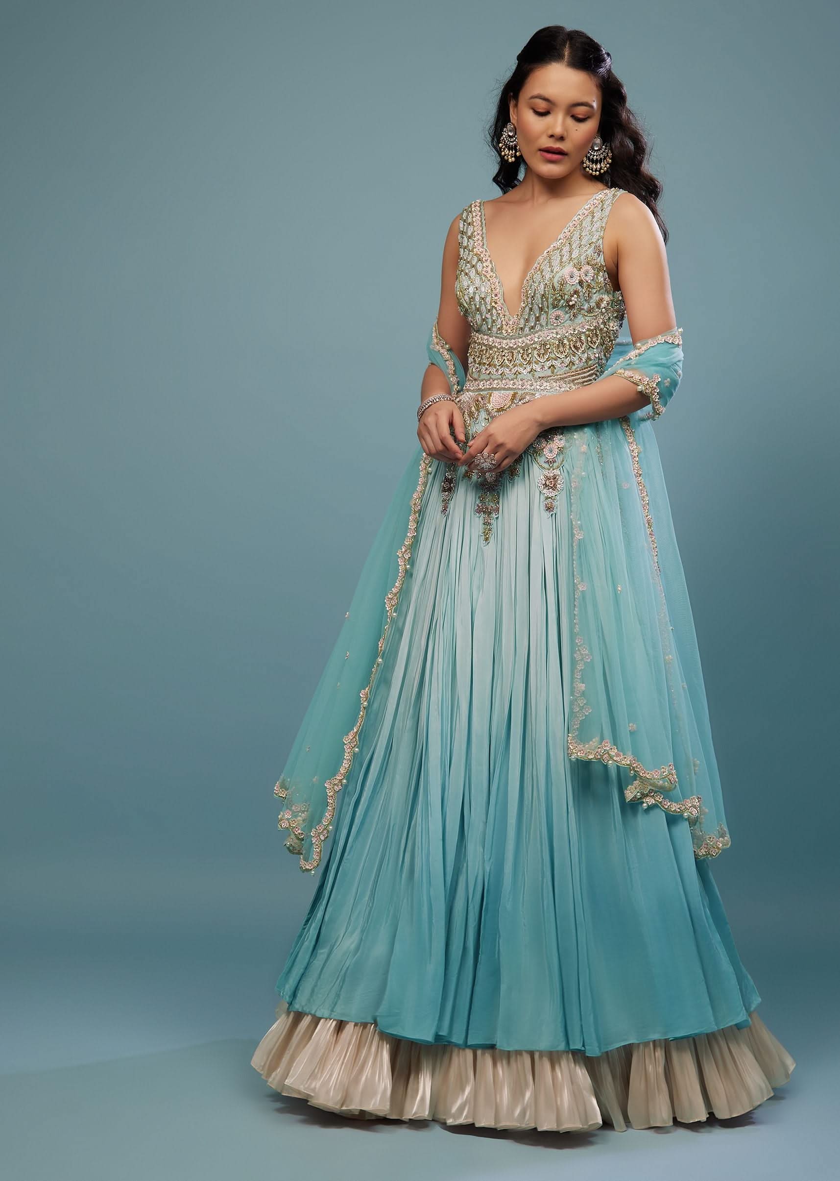 Mint Blue Embroidered Anarkali Suit In Crepe - Image 4