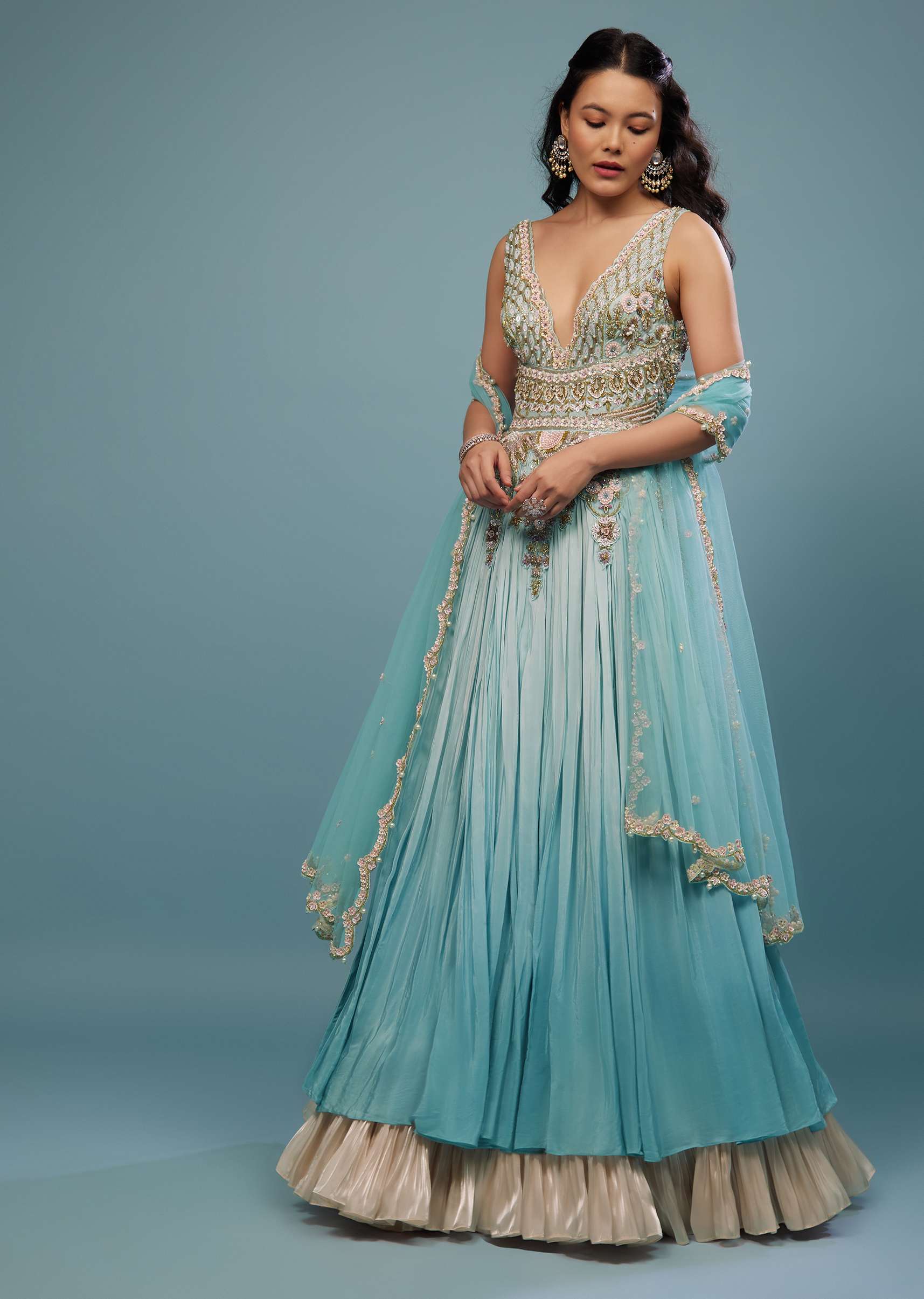 Mint Blue Embroidered Anarkali Suit In Crepe - Image 5