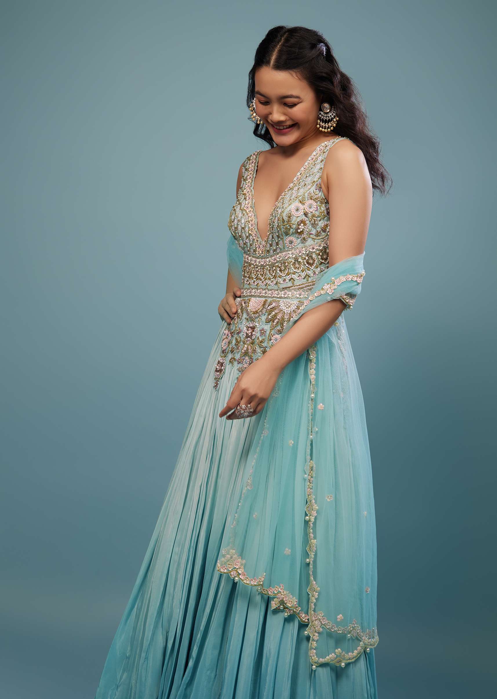 Mint Blue Embroidered Anarkali Suit In Crepe - Image 6