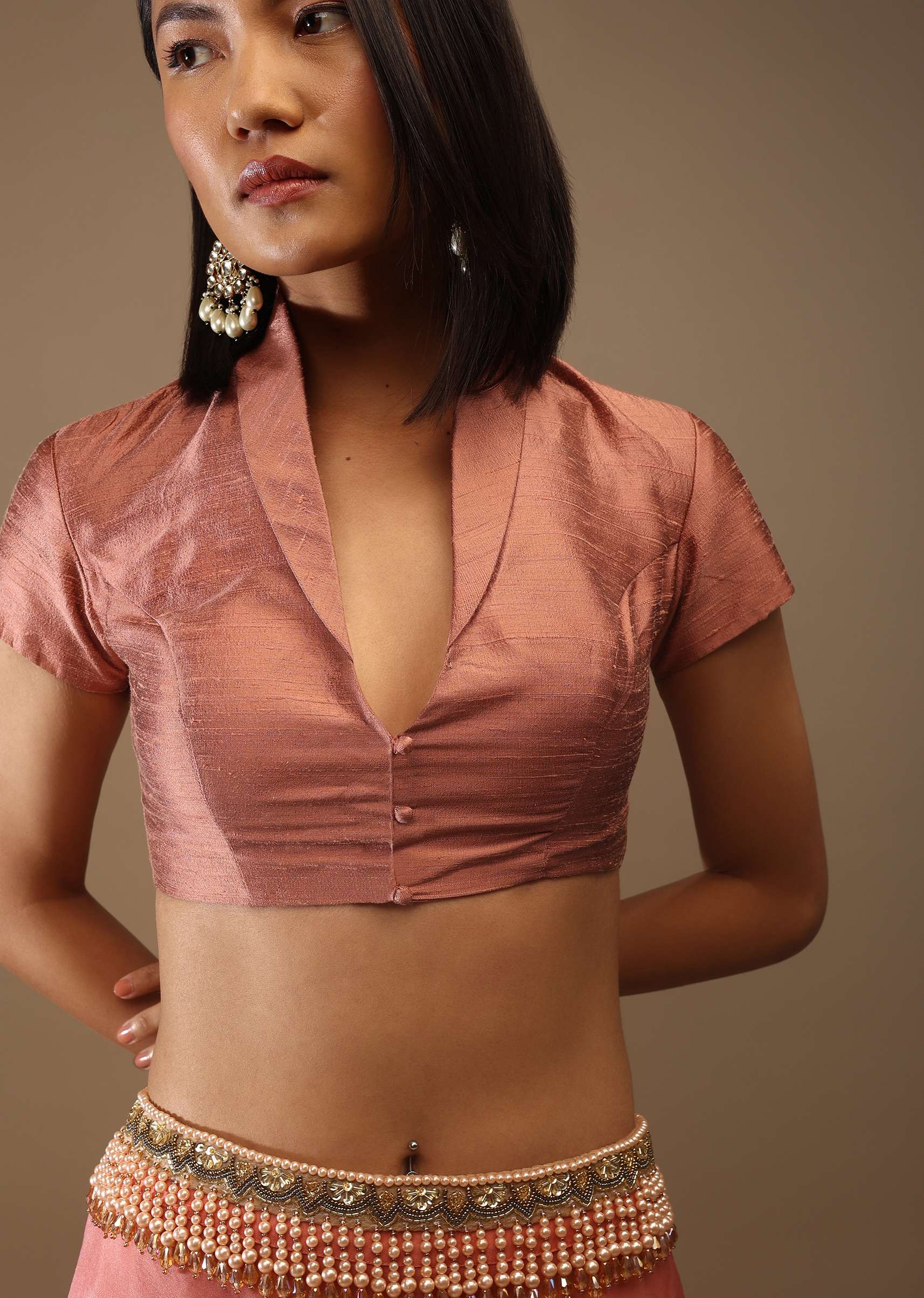 Canyon Clay Half Sleeves Blouse With A Collar Neckline Front Hook Closure - Image 4