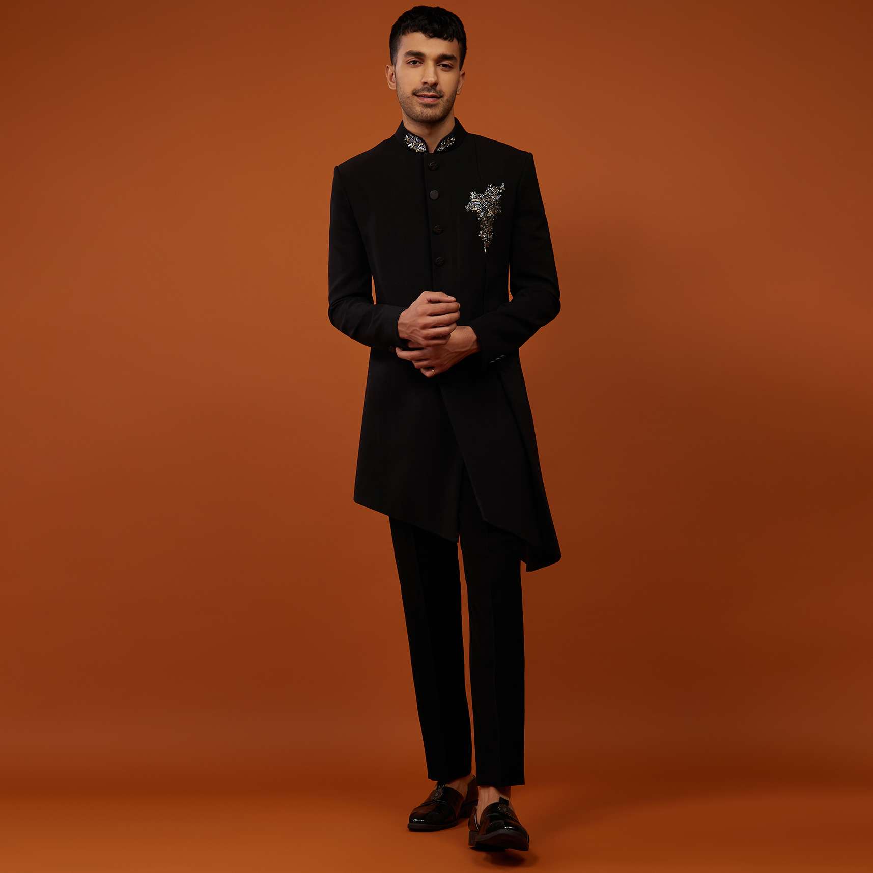 Caviar Black Indo-Western Sherwani Set Embroidered In Imported Suiting Fabric - Image 3