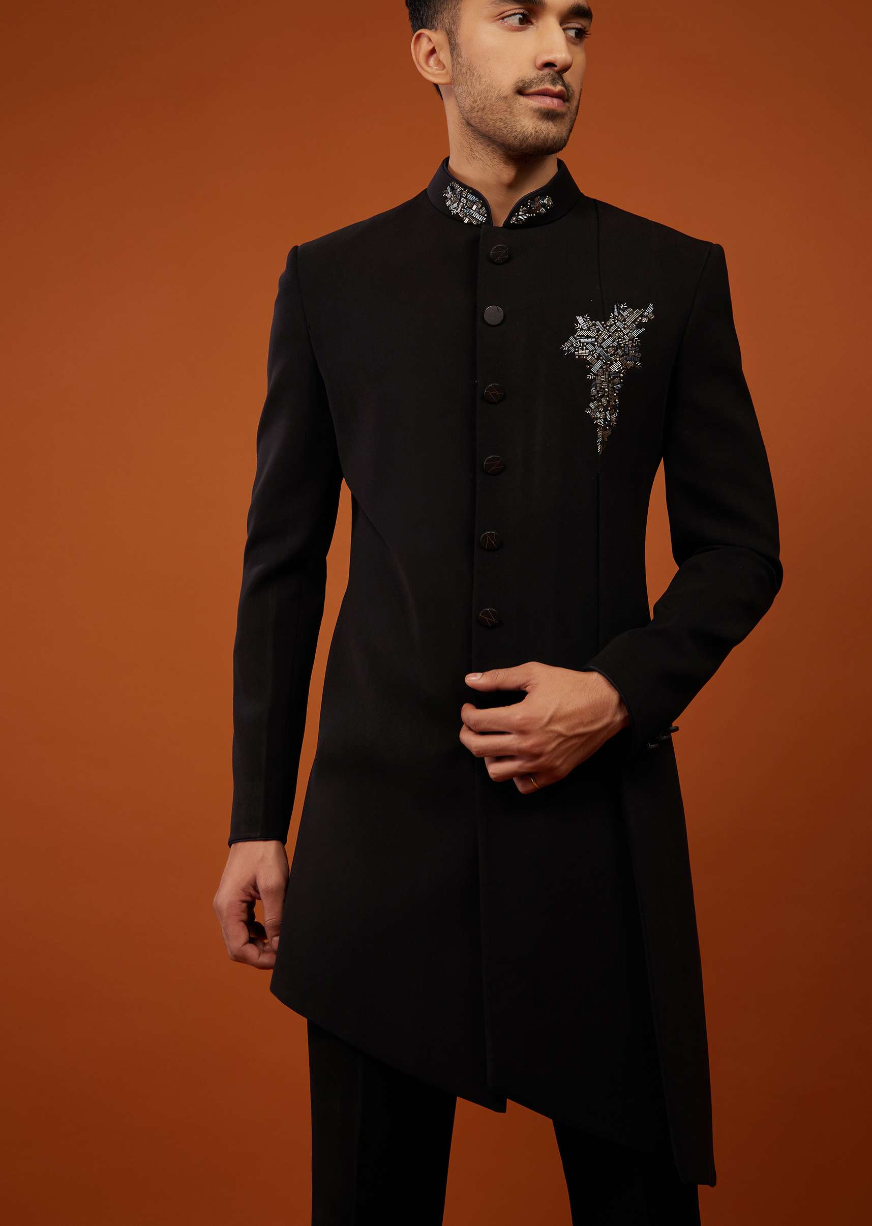 Caviar Black Indo-Western Sherwani Set Embroidered In Imported Suiting Fabric - Image 4