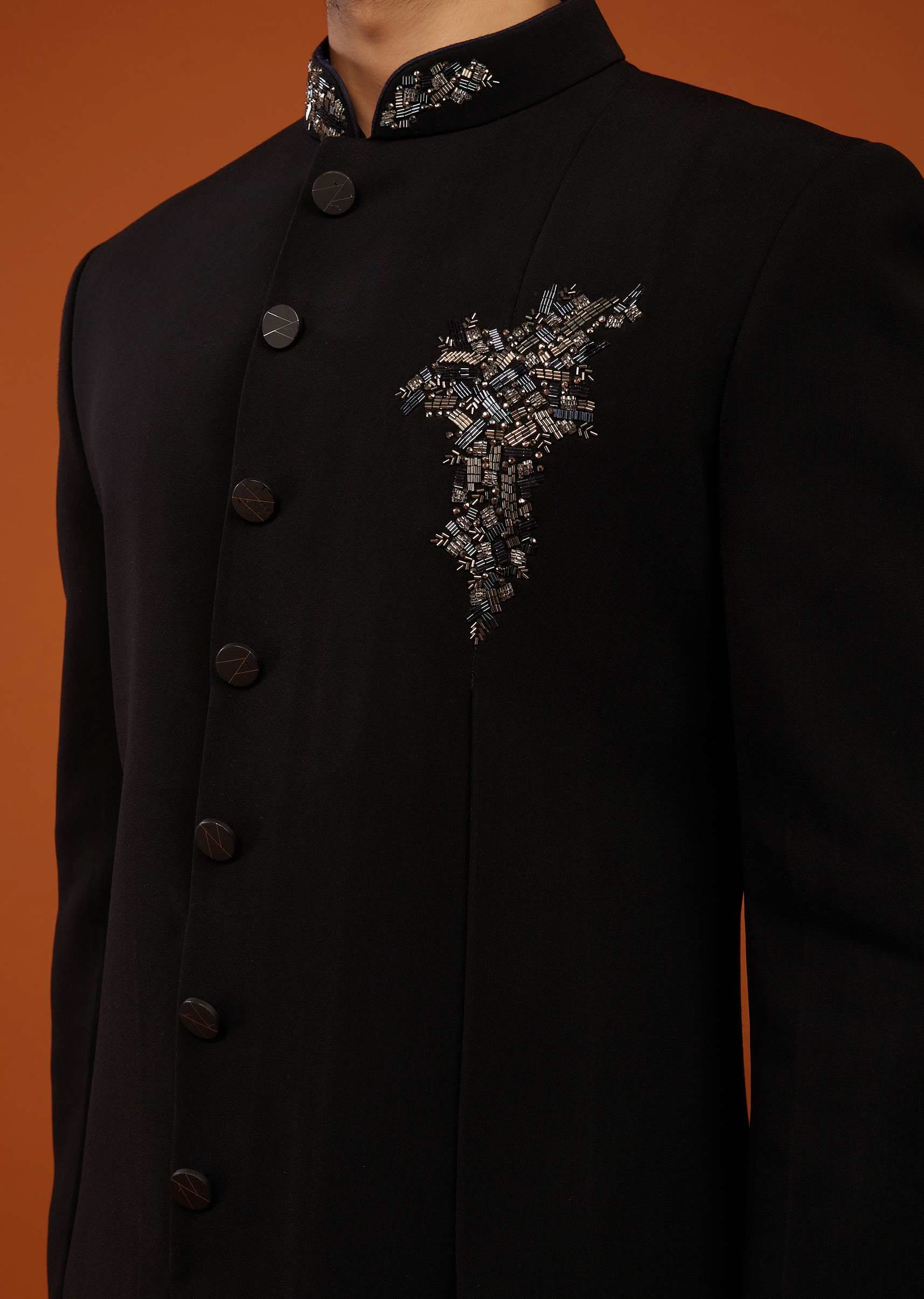 Caviar Black Indo-Western Sherwani Set Embroidered In Imported Suiting Fabric - Image 5
