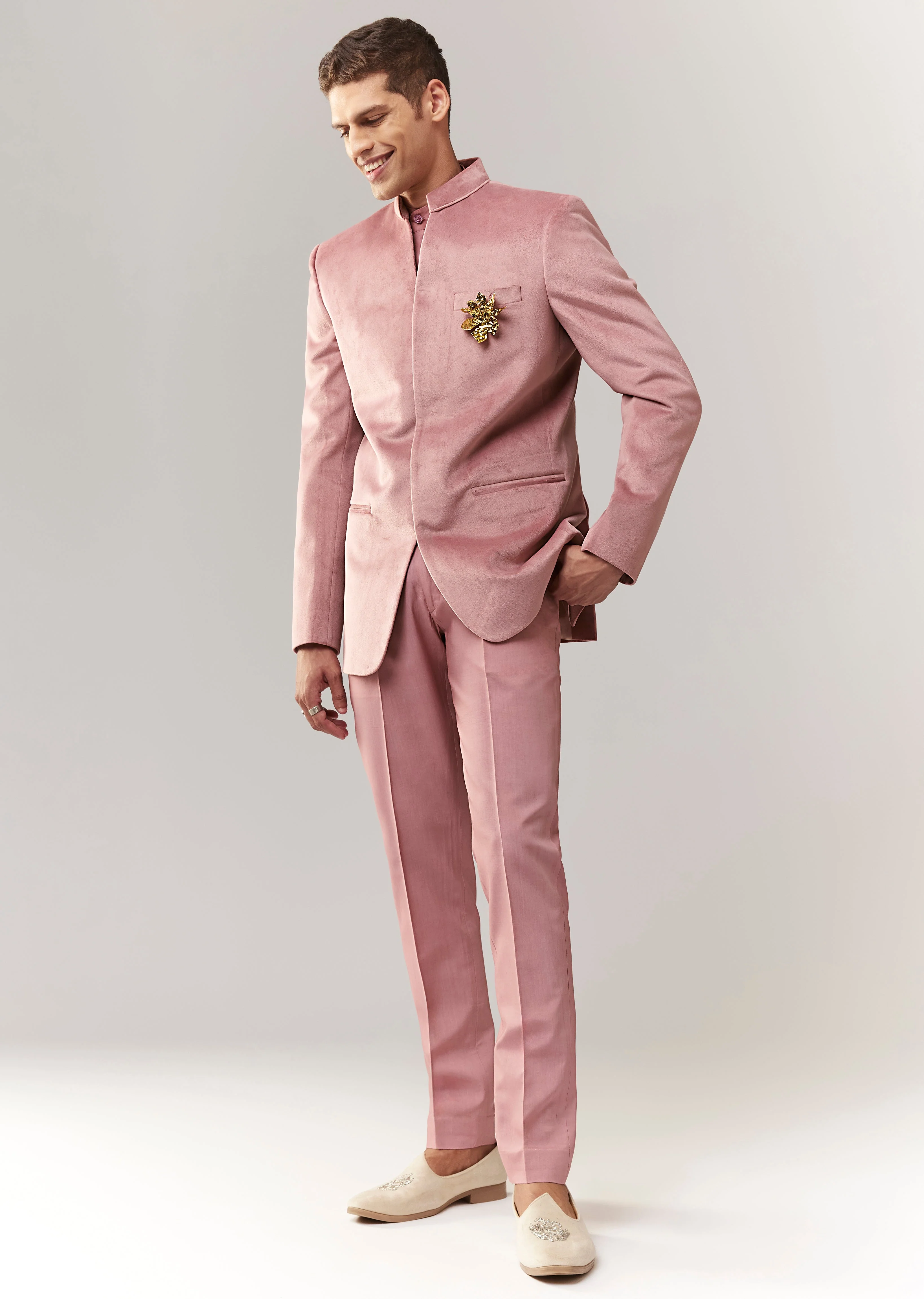 Celebration Couple Set – Blush Pink Georgette Fish-Cut Lehenga with Embroidered Sleeveless Blouse & Choker Dupatta for Her And Pink Jodhpuri-Style Tuxedo Set with Metal Broach for Him - Image 7