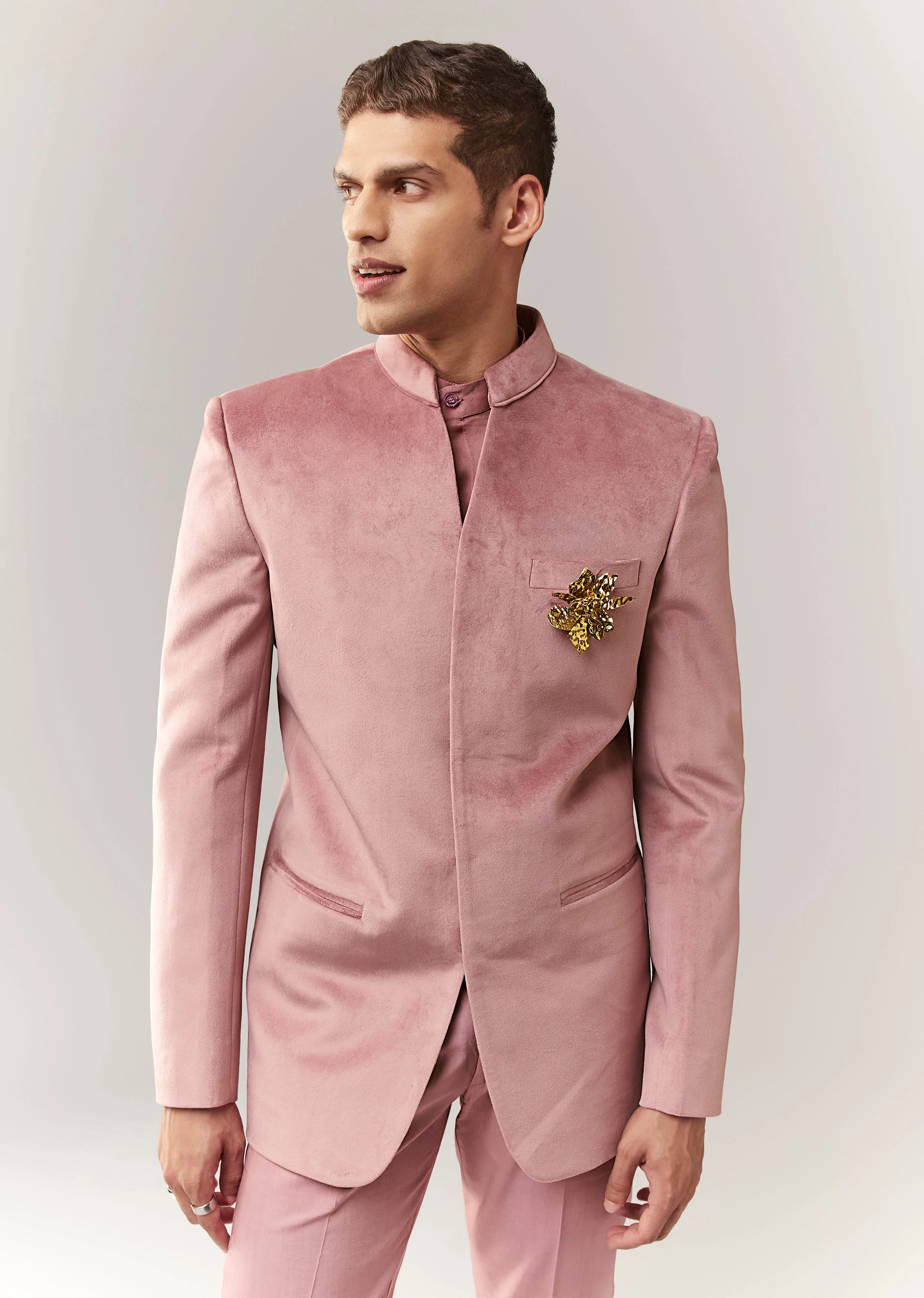 Celebration Couple Set – Blush Pink Georgette Fish-Cut Lehenga with Embroidered Sleeveless Blouse & Choker Dupatta for Her And Pink Jodhpuri-Style Tuxedo Set with Metal Broach for Him - Image 8