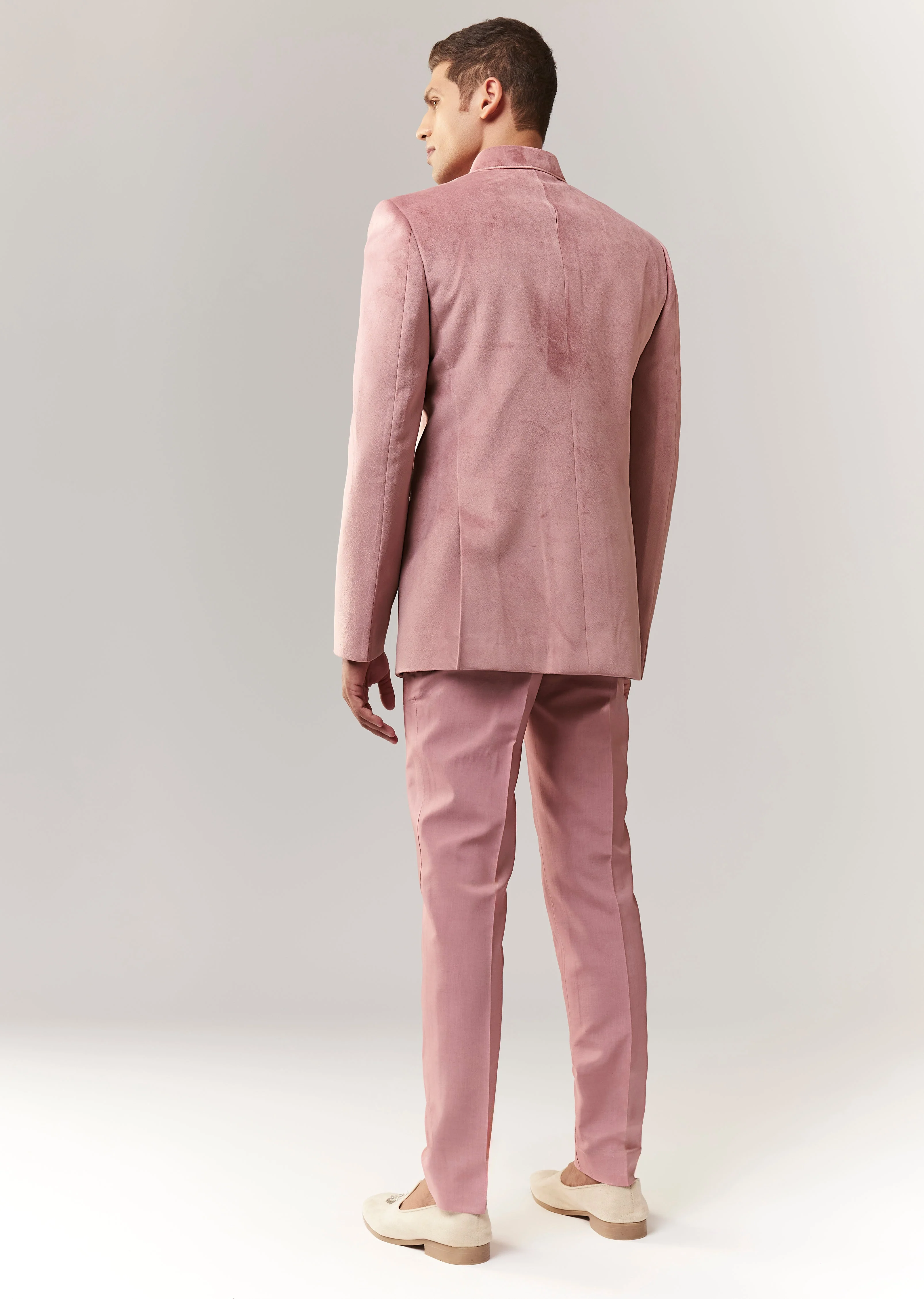 Celebration Couple Set – Blush Pink Georgette Fish-Cut Lehenga with Embroidered Sleeveless Blouse & Choker Dupatta for Her And Pink Jodhpuri-Style Tuxedo Set with Metal Broach for Him - Image 9