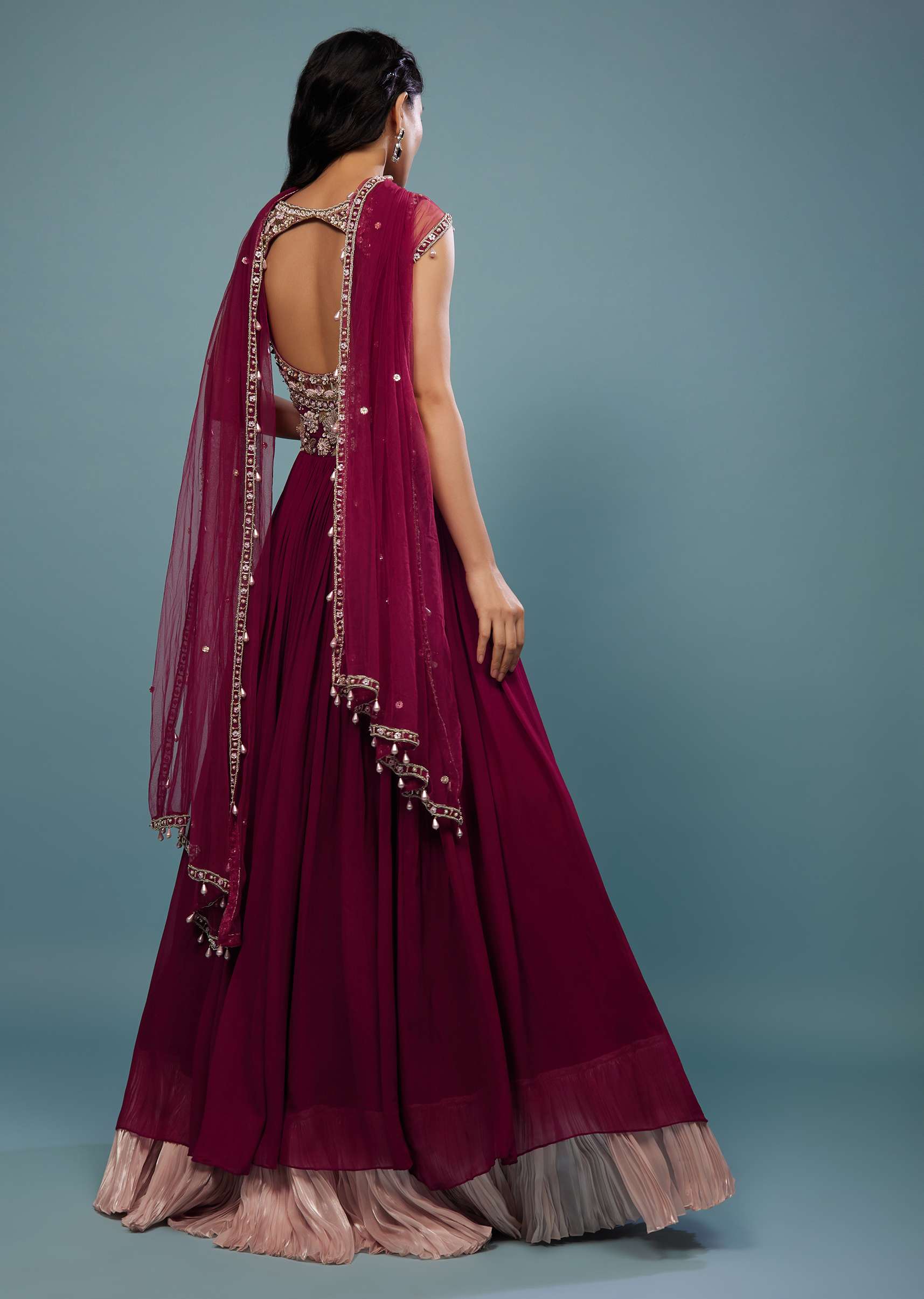 Wine Red Embroidered Anarkali Suit In Viscose Georgette