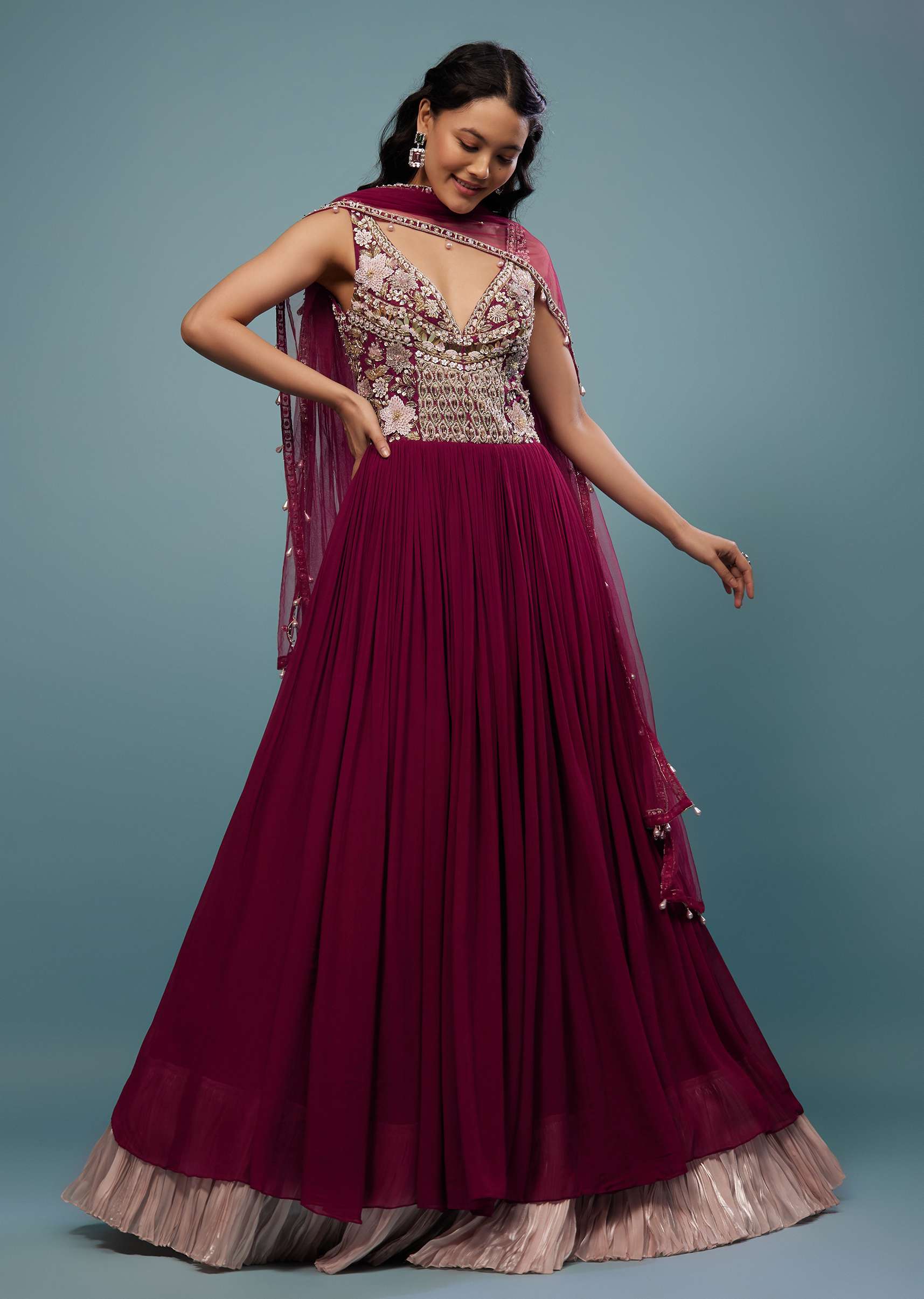 Wine Red Embroidered Anarkali Suit In Viscose Georgette - Image 2
