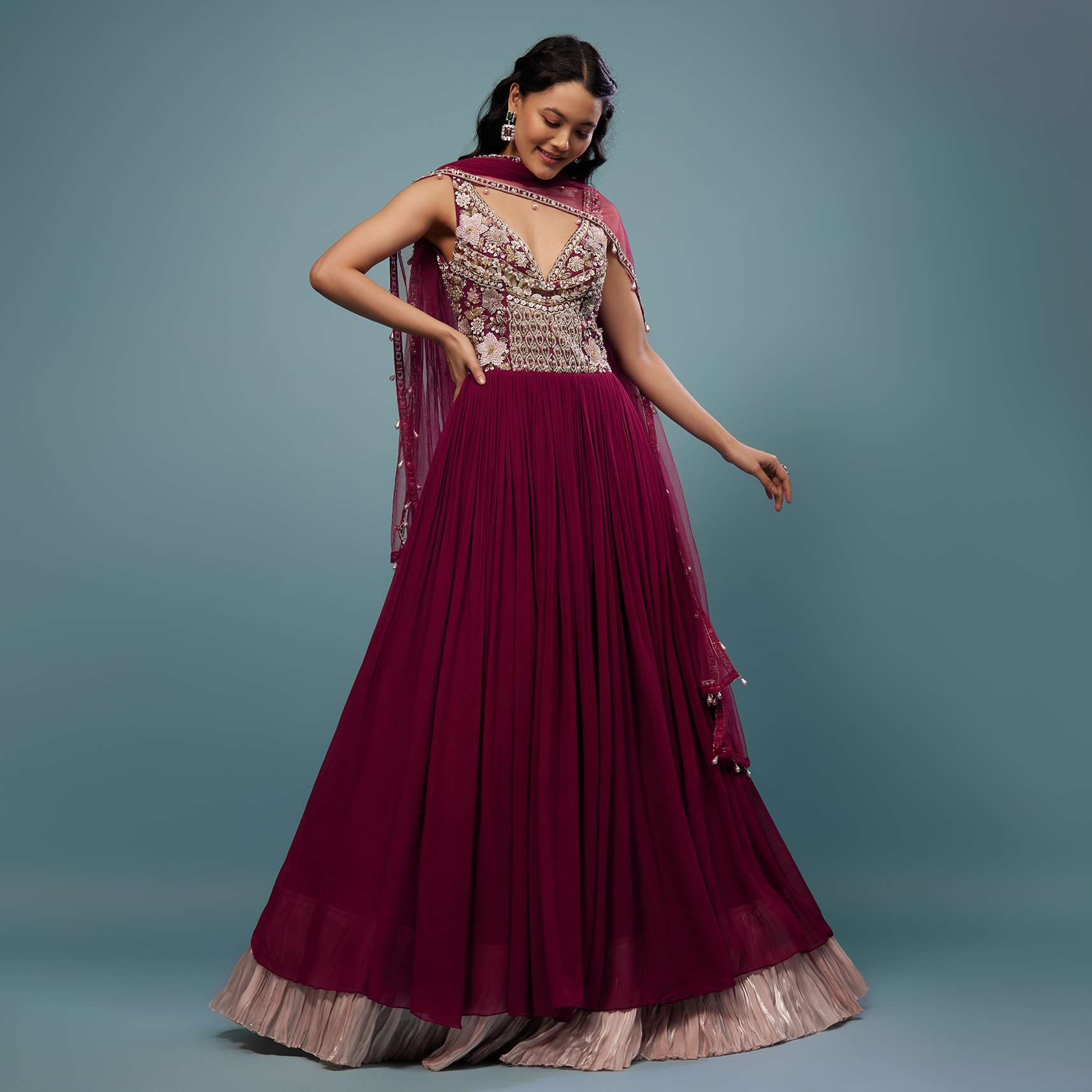 Wine Red Embroidered Anarkali Suit In Viscose Georgette - Image 4
