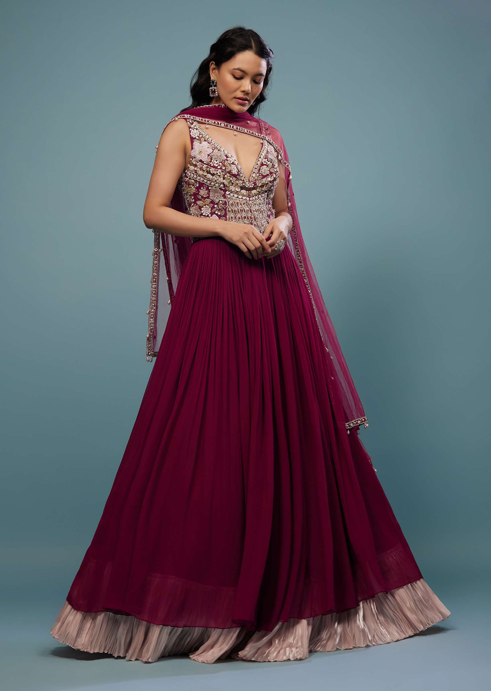 Wine Red Embroidered Anarkali Suit In Viscose Georgette - Image 5