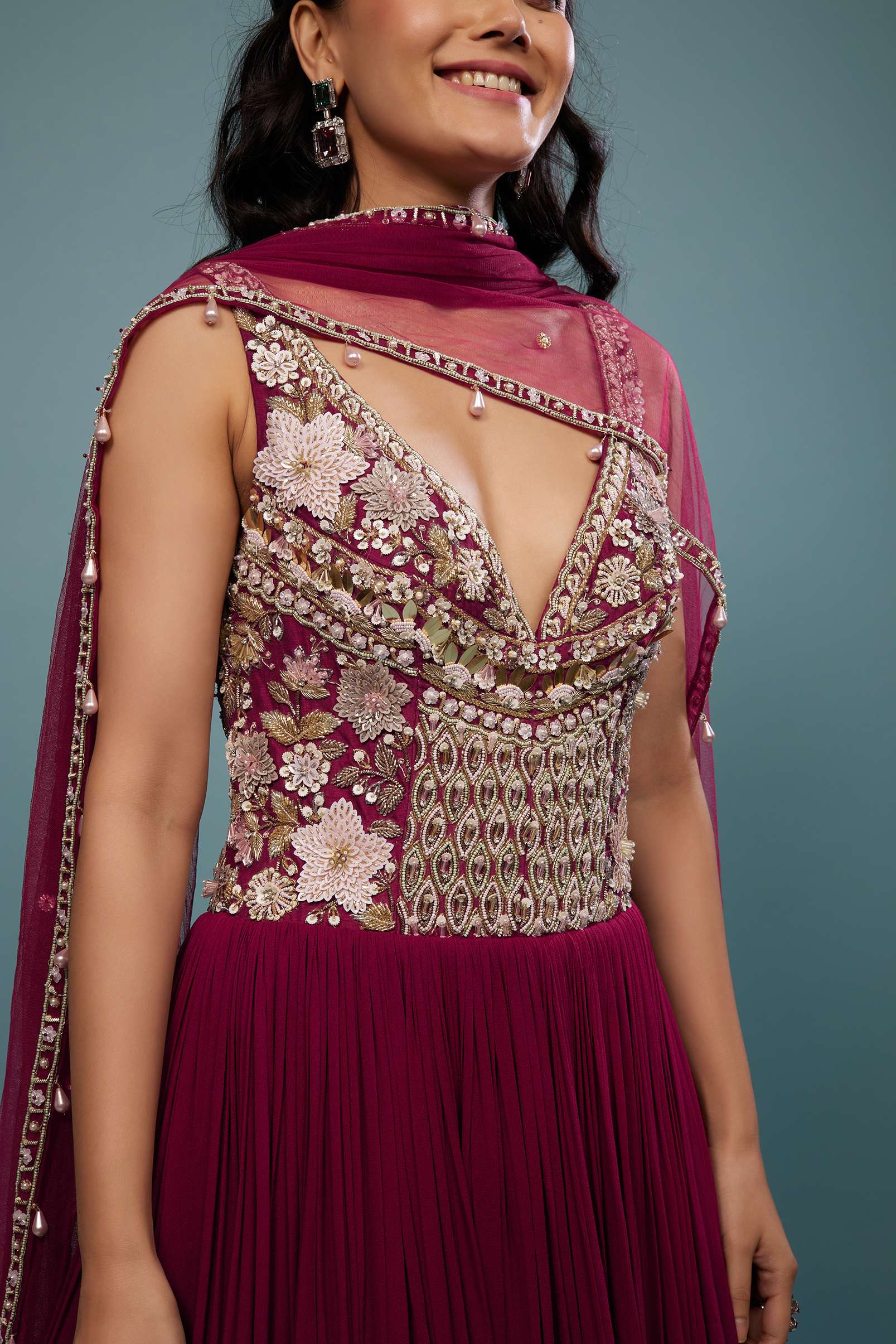 Wine Red Embroidered Anarkali Suit In Viscose Georgette - Image 7