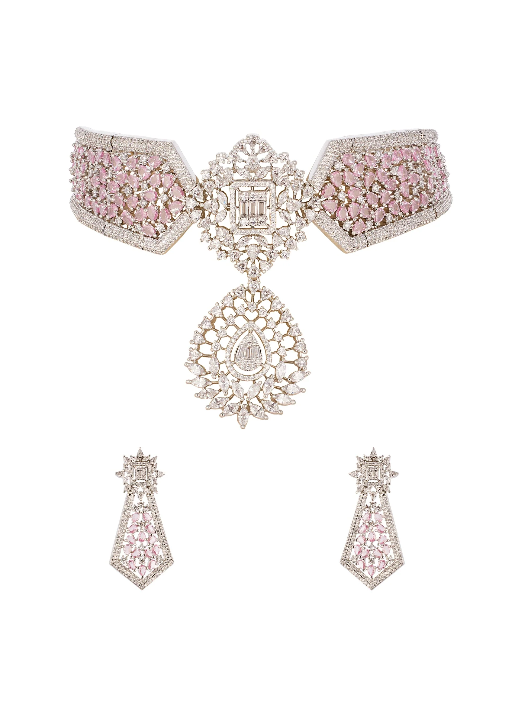 Champagne Anti Tarnish Rhodium Plated Brass Long Necklace Set with CZ Diamond