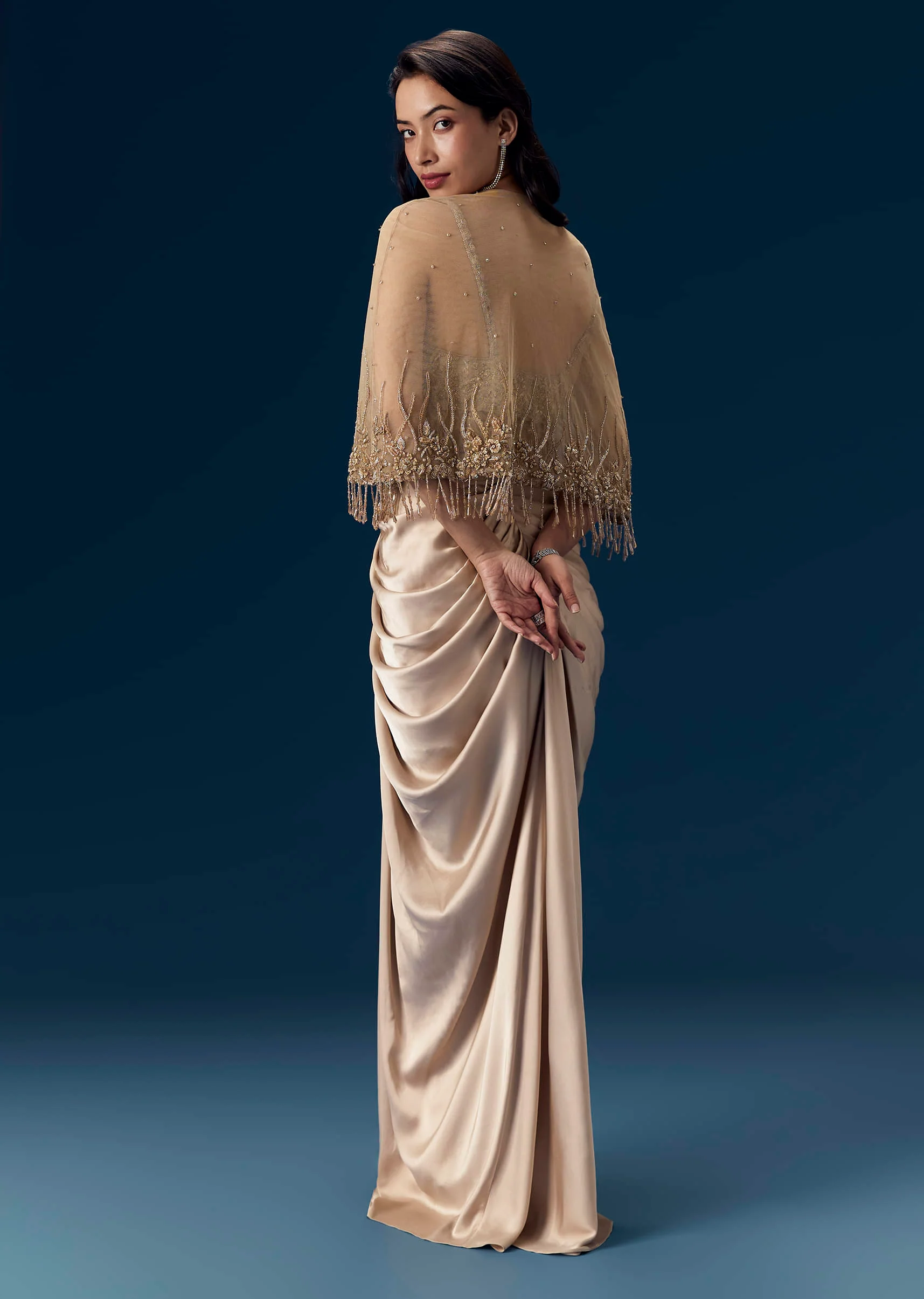 Champagne Embeliished Crop Top and Draped Skirt Set - Image 2