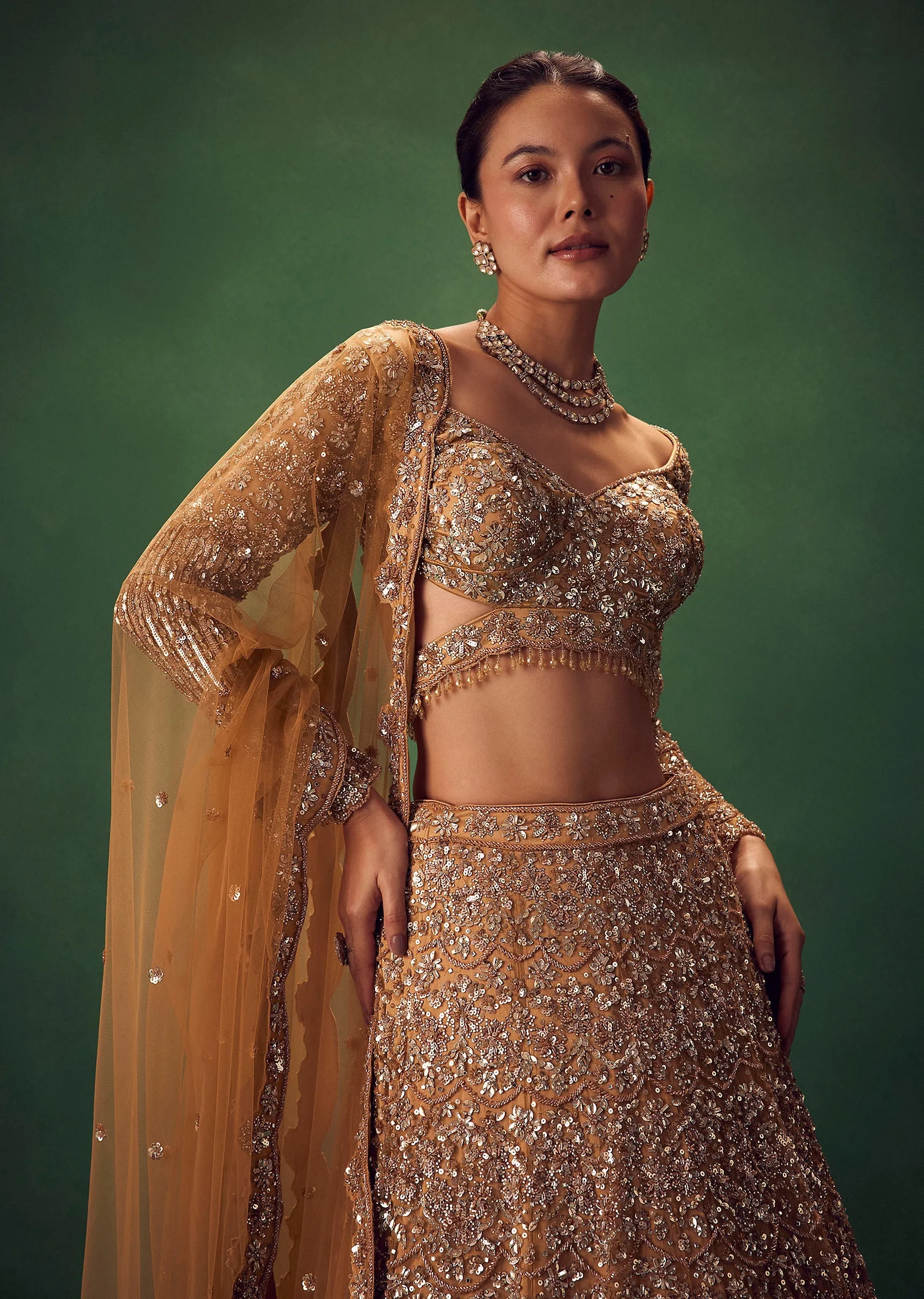 Champagne Gold Hand Embroidered Sequin Work Lehenga Set - Image 3