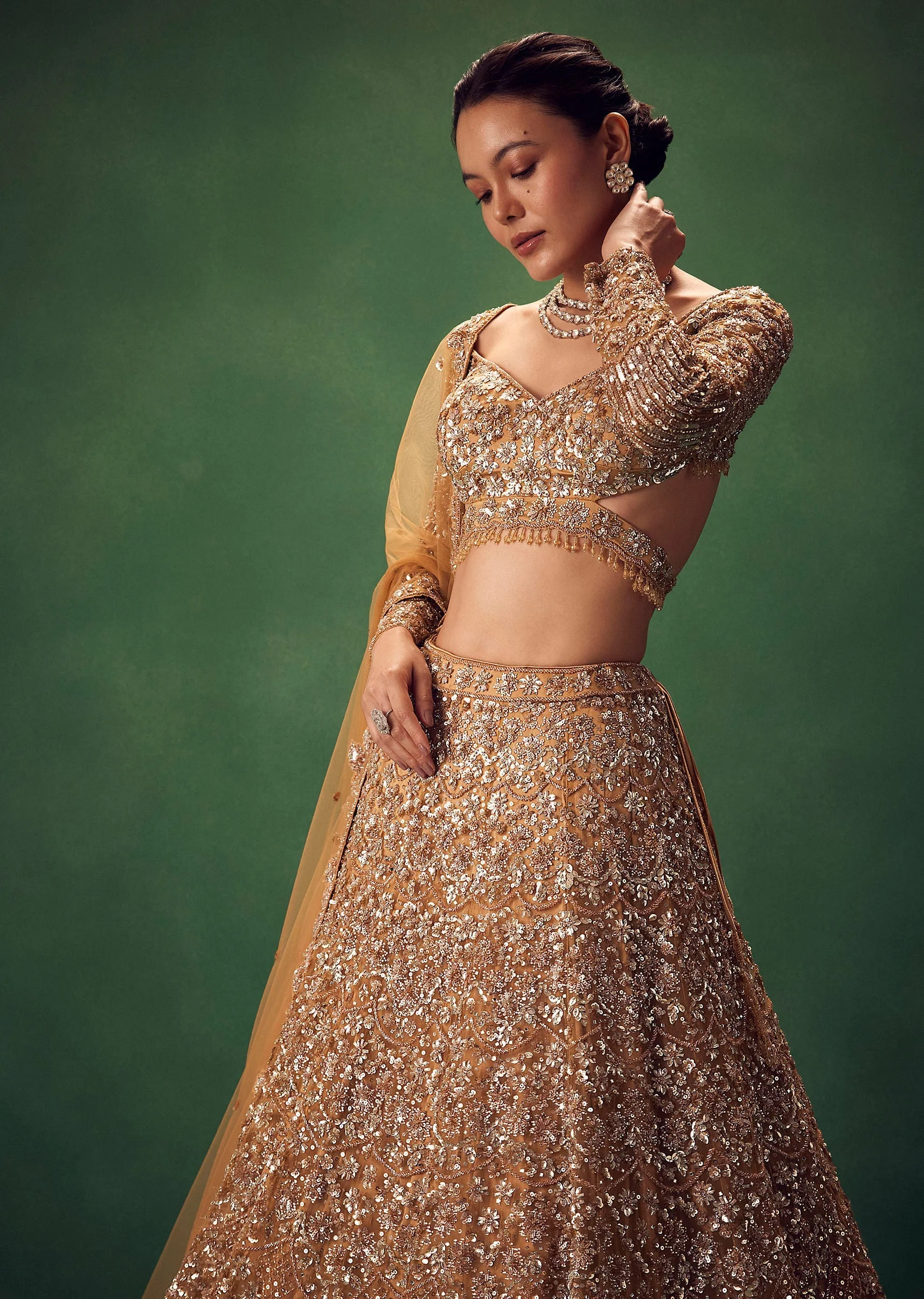 Champagne Gold Hand Embroidered Sequin Work Lehenga Set - Image 4
