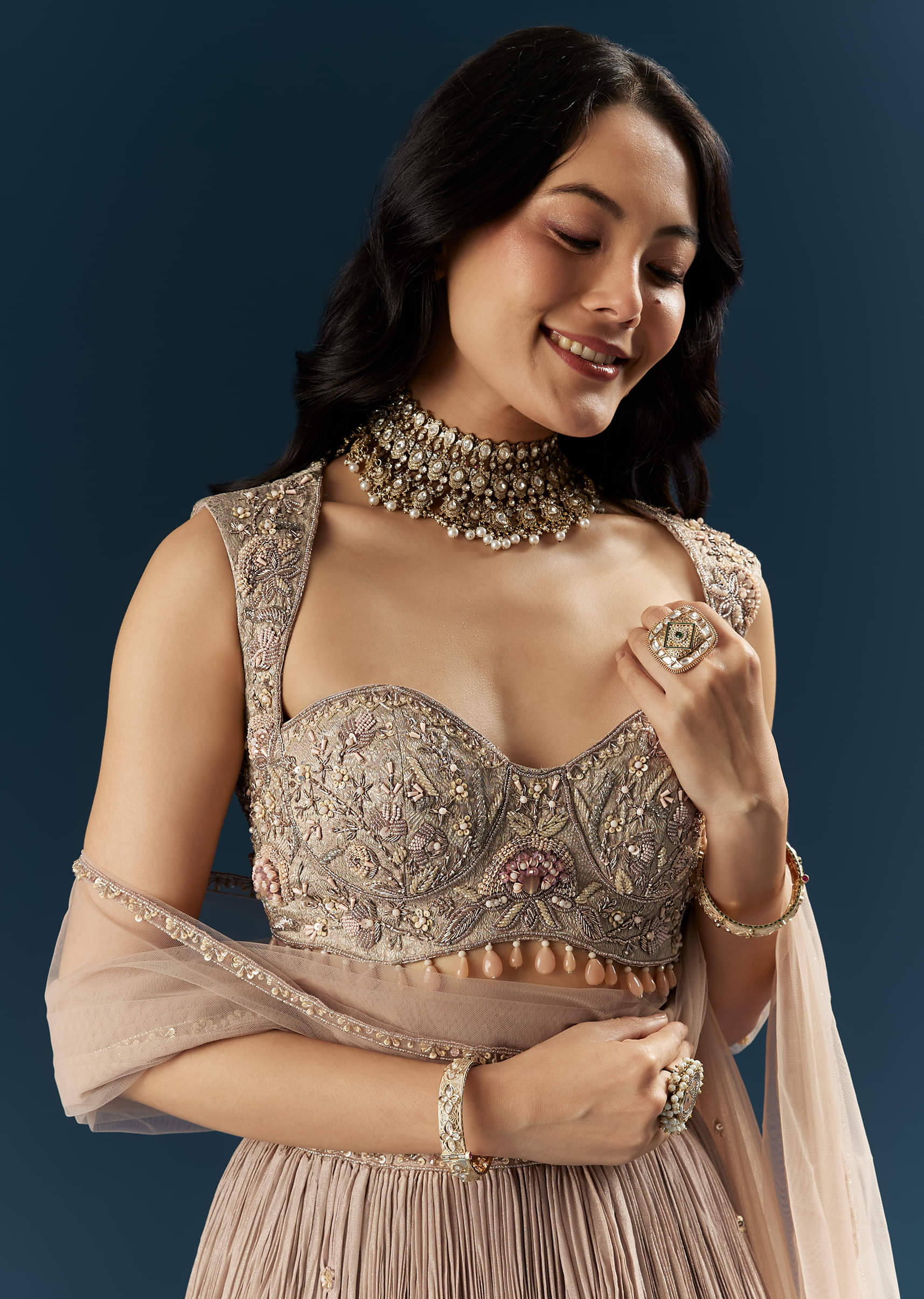 Champagne Gold Organza Bridesmaid Lehenga With Heavy Embroidery - Image 3