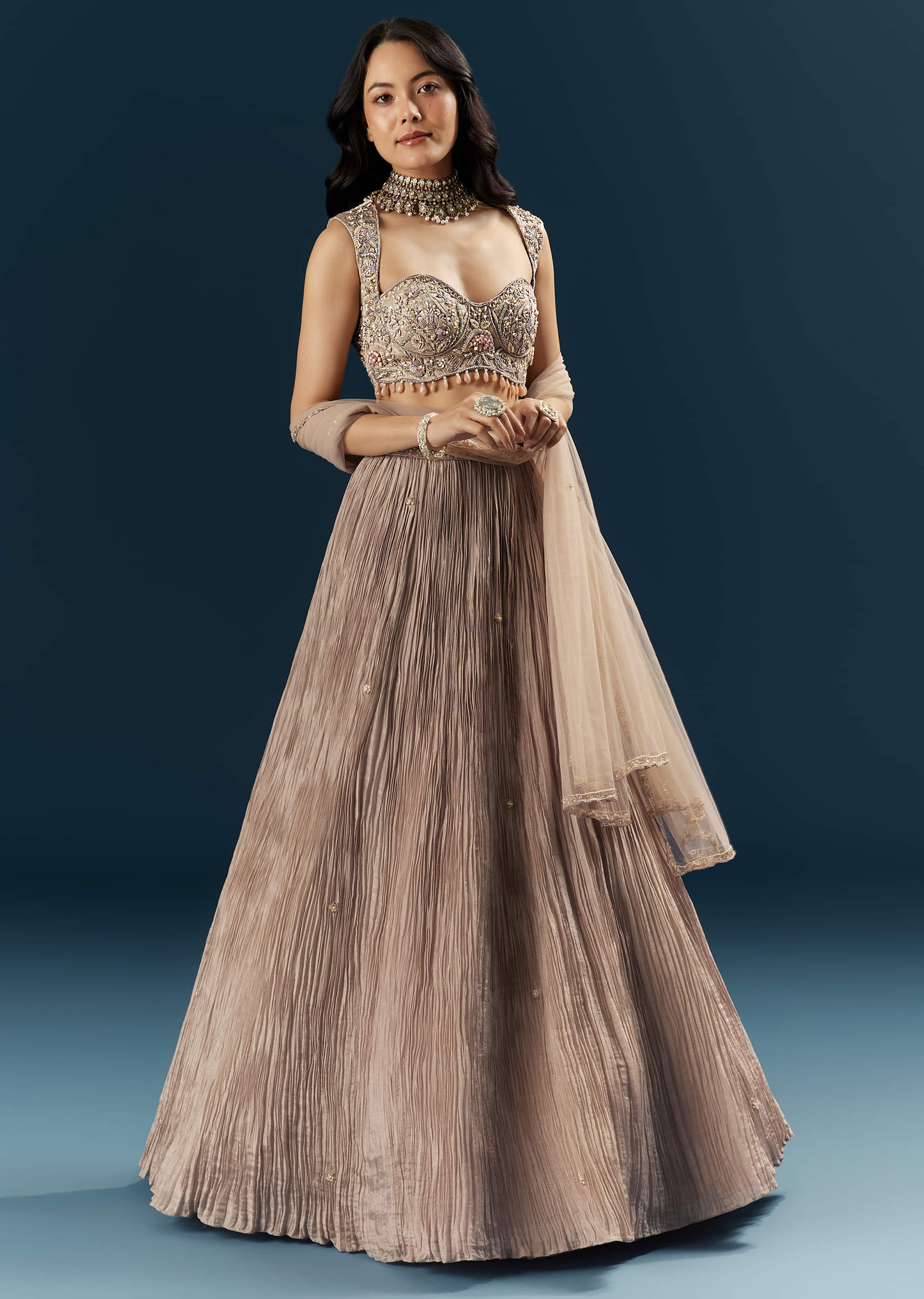 Champagne Gold Organza Bridesmaid Lehenga With Heavy Embroidery - Image 4