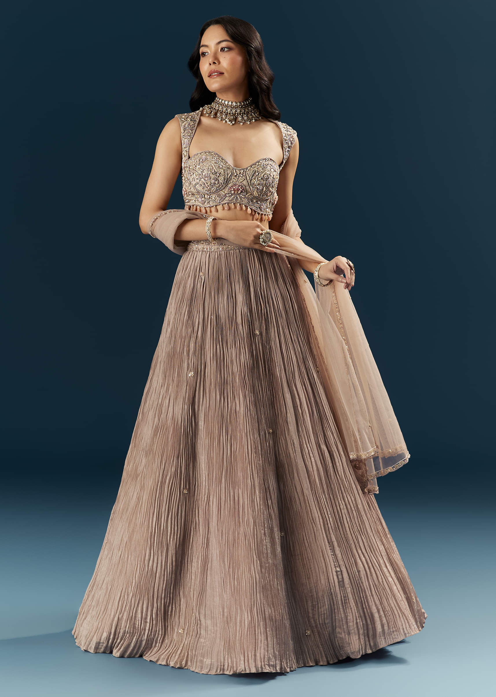Champagne Gold Organza Bridesmaid Lehenga With Heavy Embroidery - Image 7