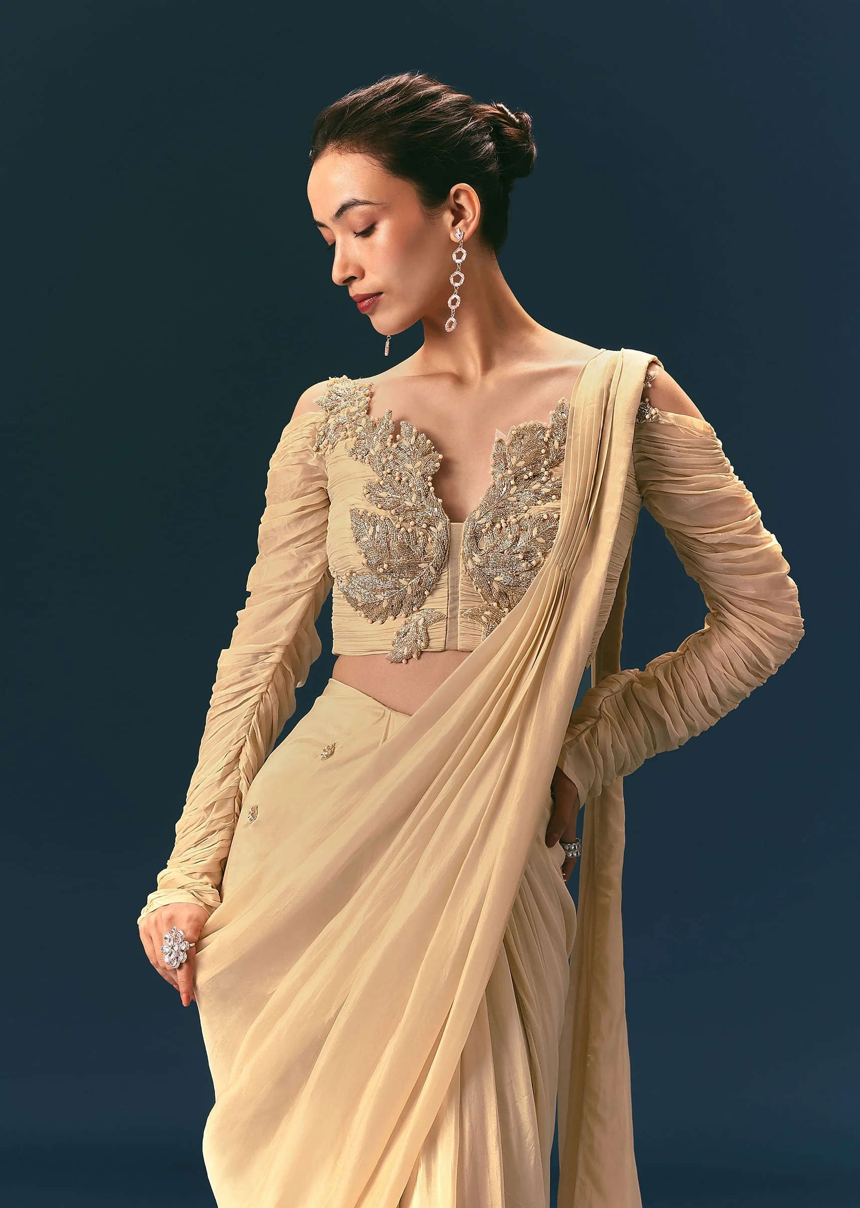 Champagne Peach Embroidered Readymade Saree With 3D Applique Blouse - Image 2