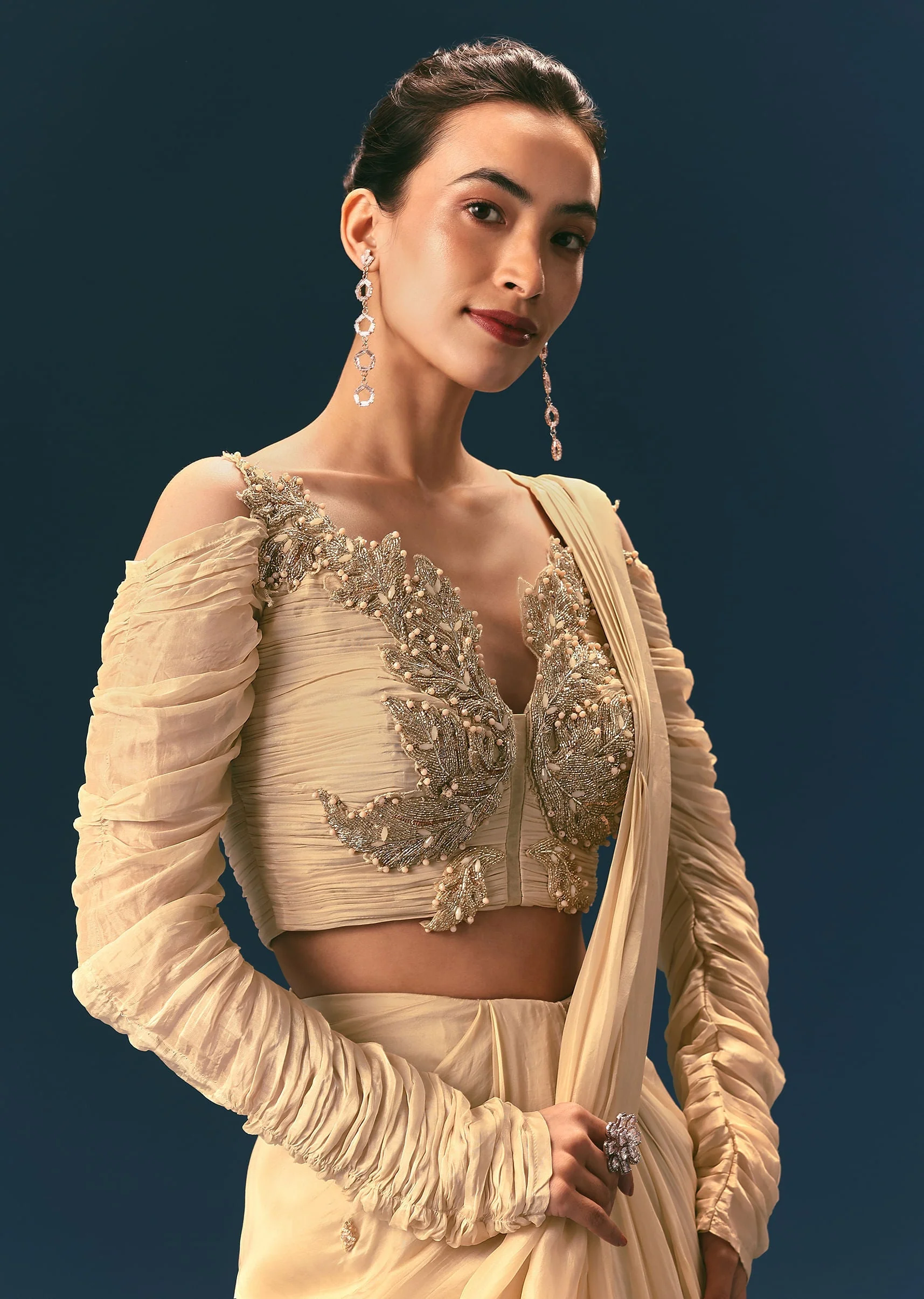 Champagne Peach Embroidered Readymade Saree With 3D Applique Blouse - Image 4