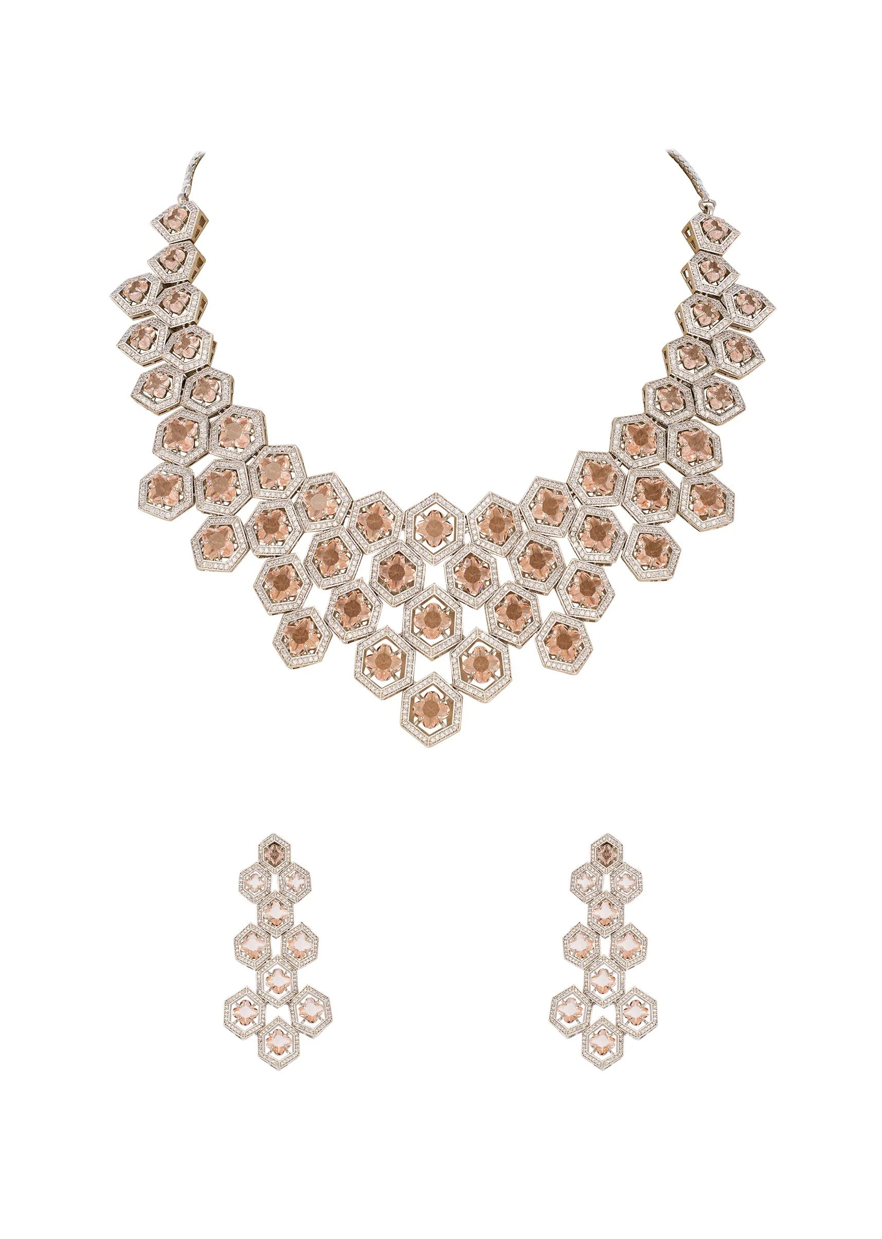 Champagne Rhodium Plated Brass Cz Diamond Necklace Set with Semi Precious Stones - Image 2
