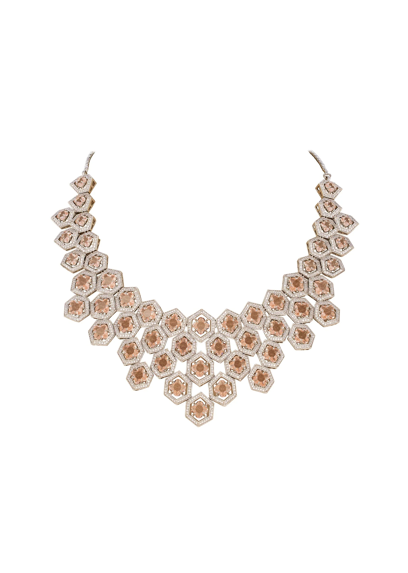 Champagne Rhodium Plated Brass Cz Diamond Necklace Set with Semi Precious Stones - Image 3
