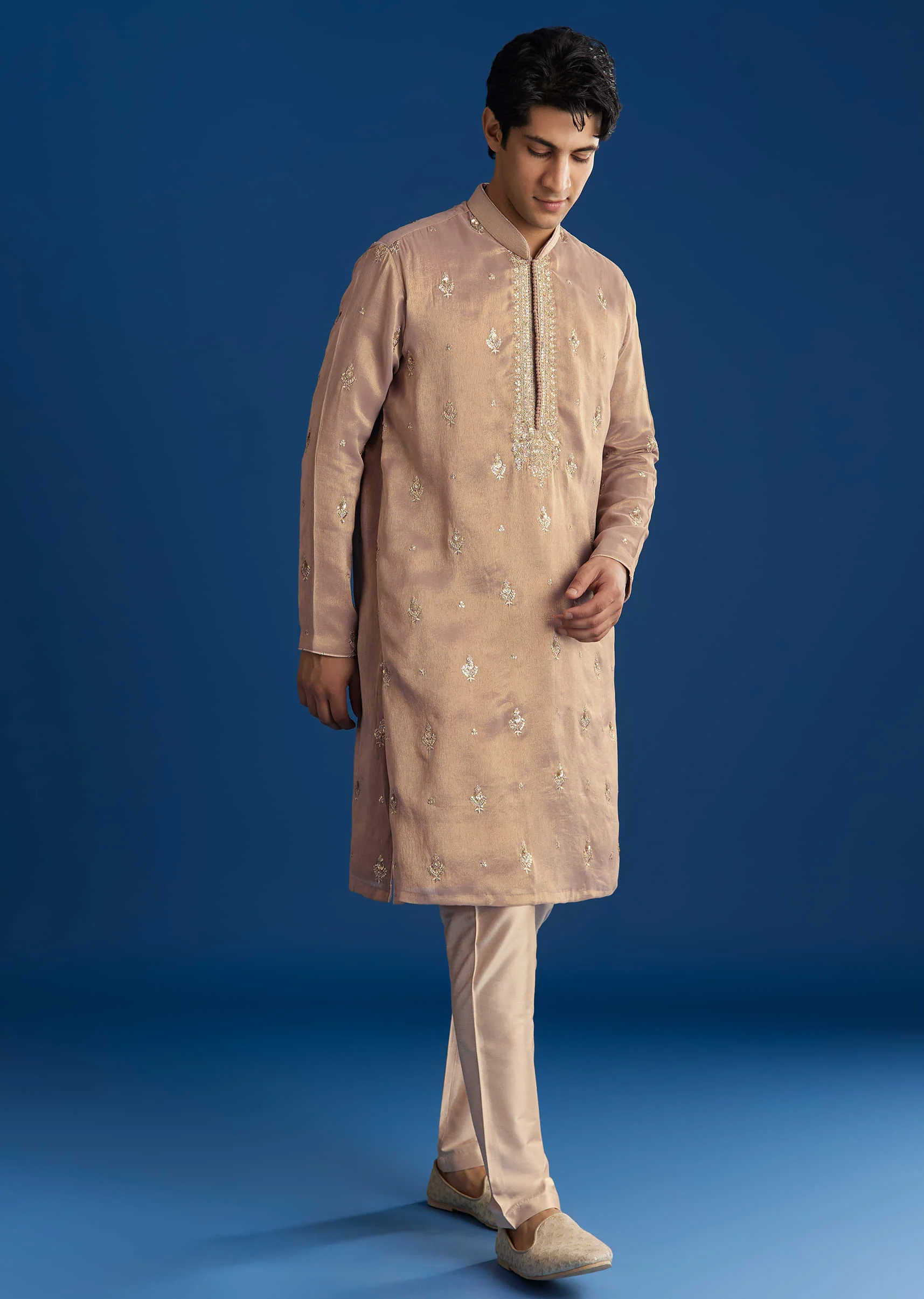 Champagne Tissue Resham Embroidered Kurta Set With Sequins - Image 4
