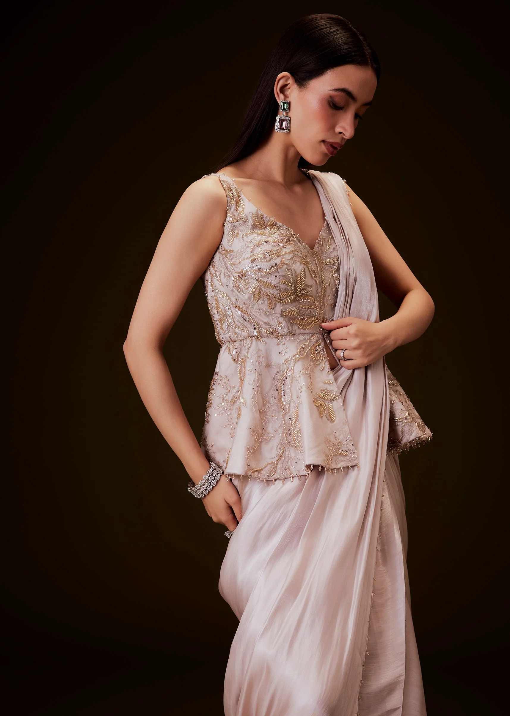 Champion Peach Sequence Embroidered Peplum Top With Saree - Image 3