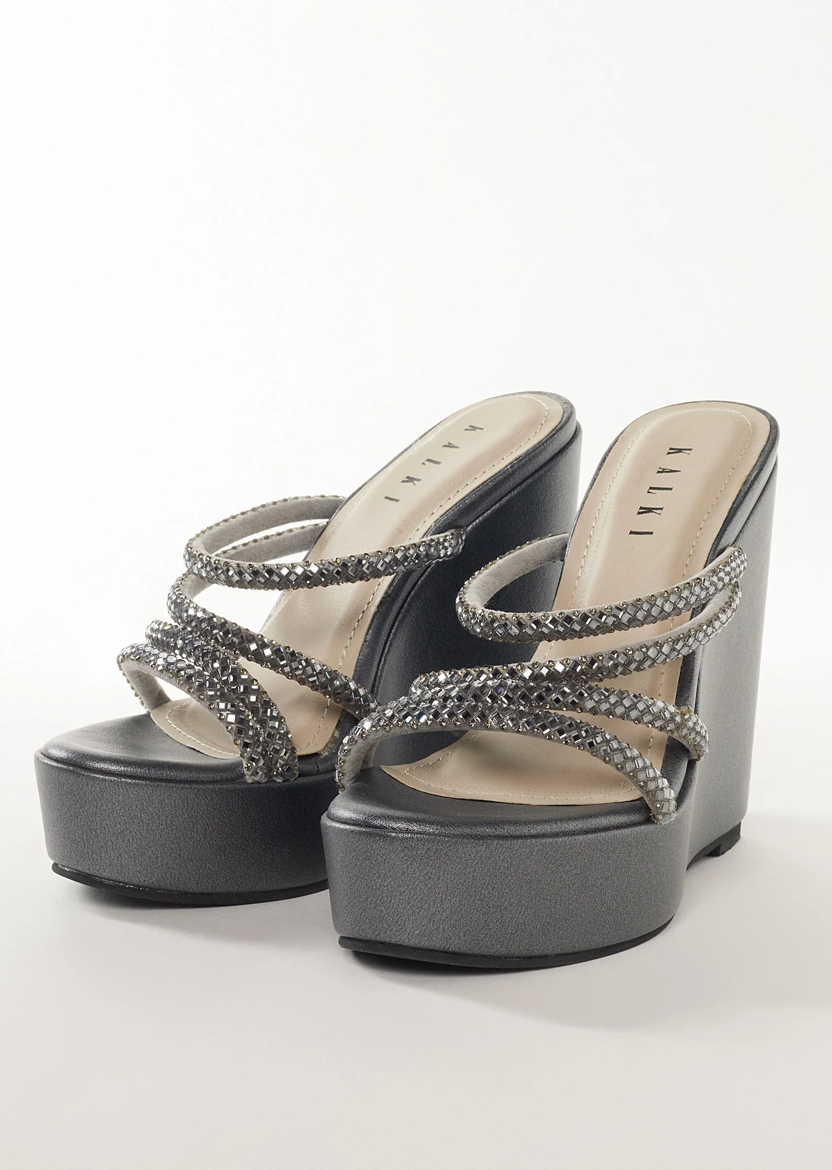 Charcoal Grey Faux Leather Womens Footwear With Embellished Detail Work