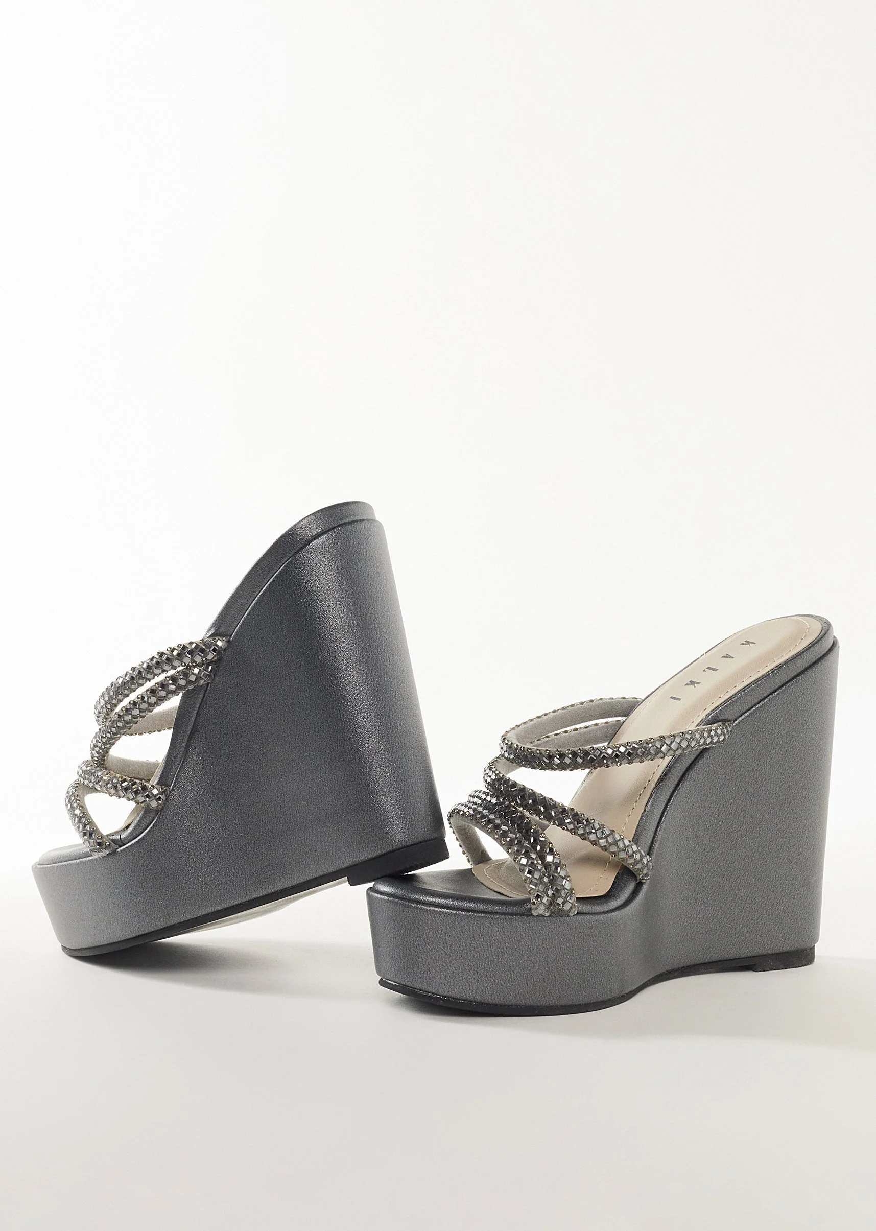Charcoal Grey Faux Leather Womens Footwear With Embellished Detail Work - Image 2