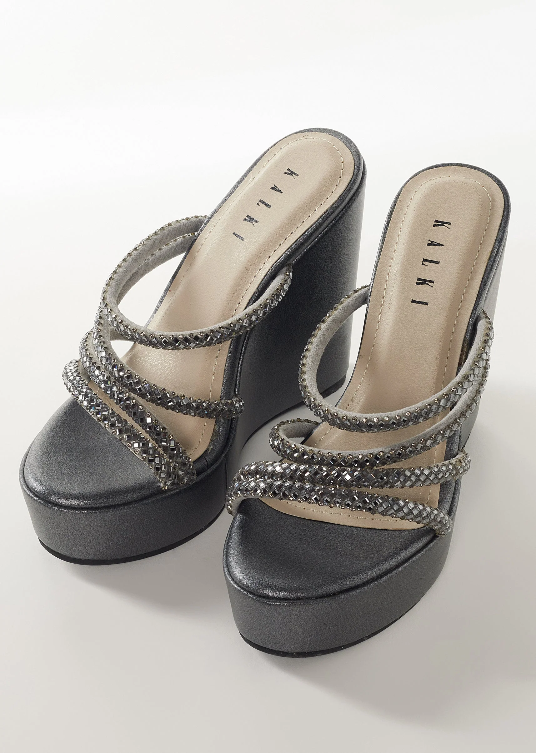 Charcoal Grey Faux Leather Womens Footwear With Embellished Detail Work - Image 3