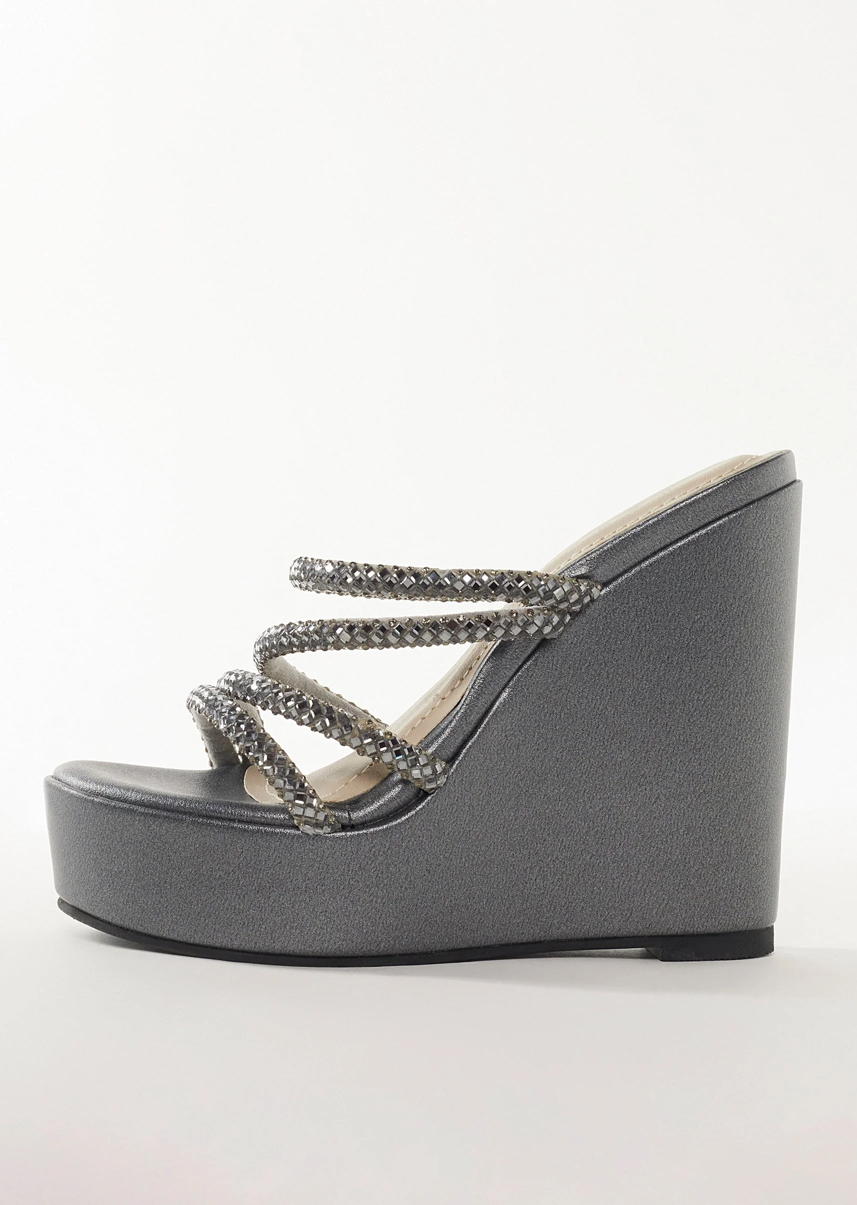 Charcoal Grey Faux Leather Womens Footwear With Embellished Detail Work - Image 4