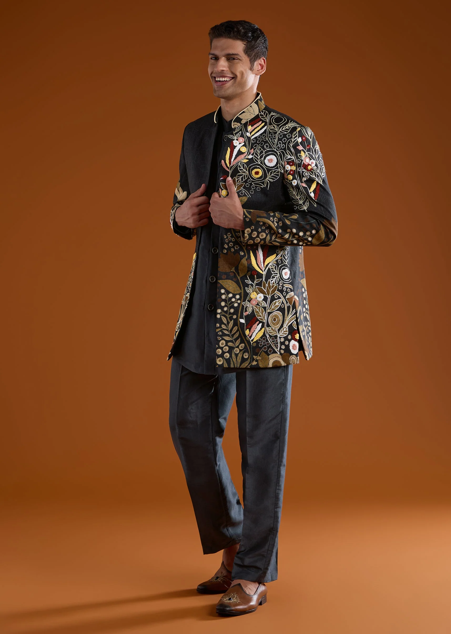 Charcoal Grey Indowestern Kurta Set with Resham Work