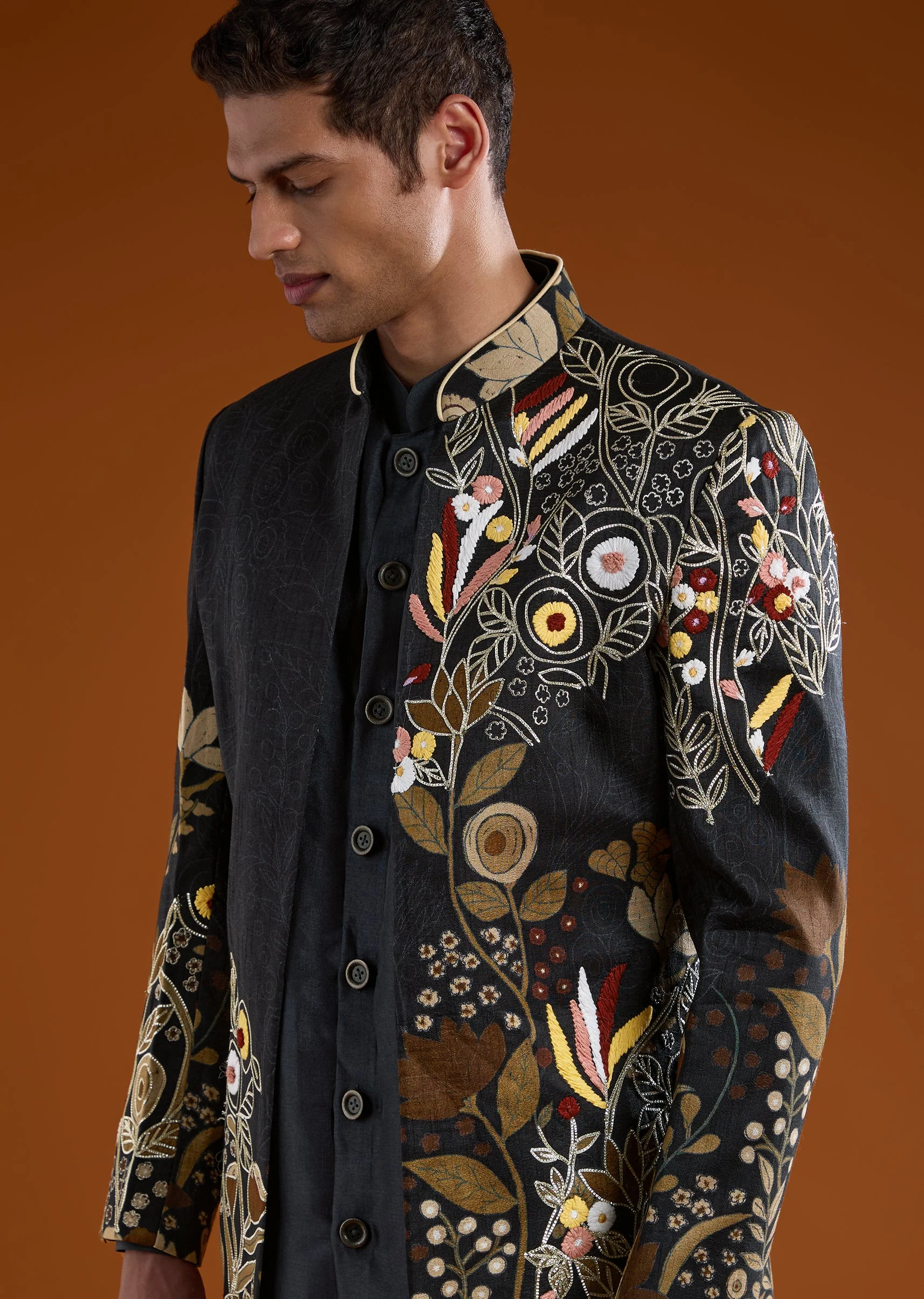 Charcoal Grey Indowestern Kurta Set with Resham Work - Image 2