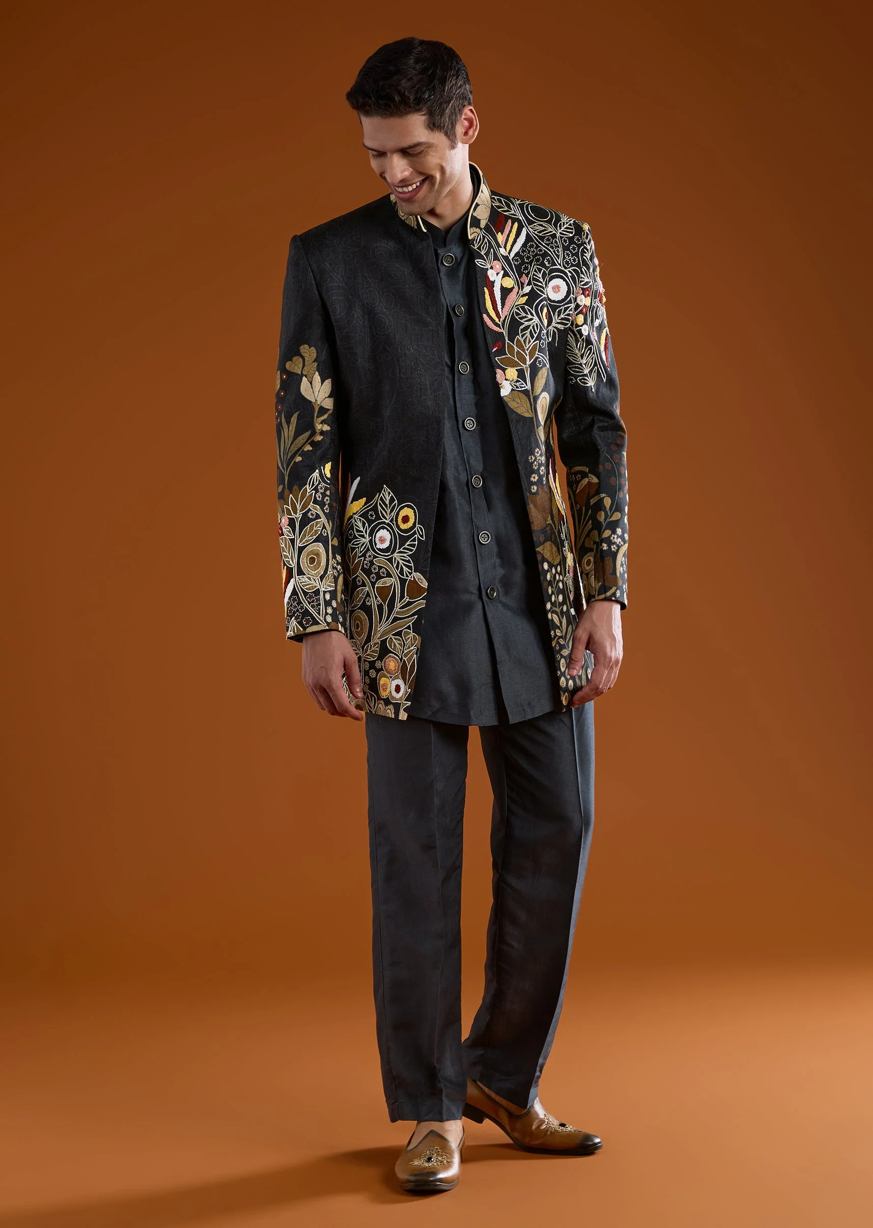Charcoal Grey Indowestern Kurta Set with Resham Work - Image 3