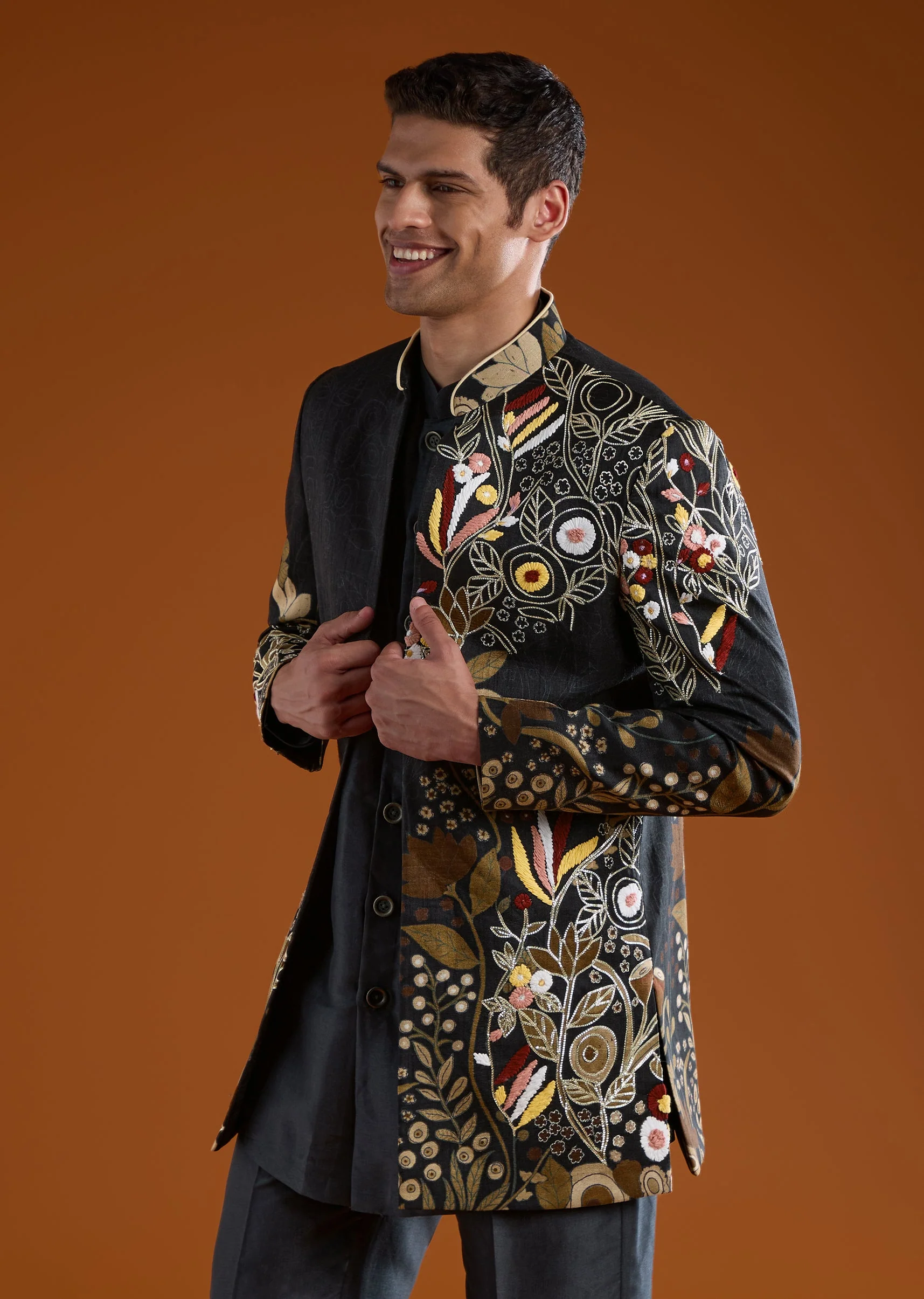 Charcoal Grey Indowestern Kurta Set with Resham Work - Image 4