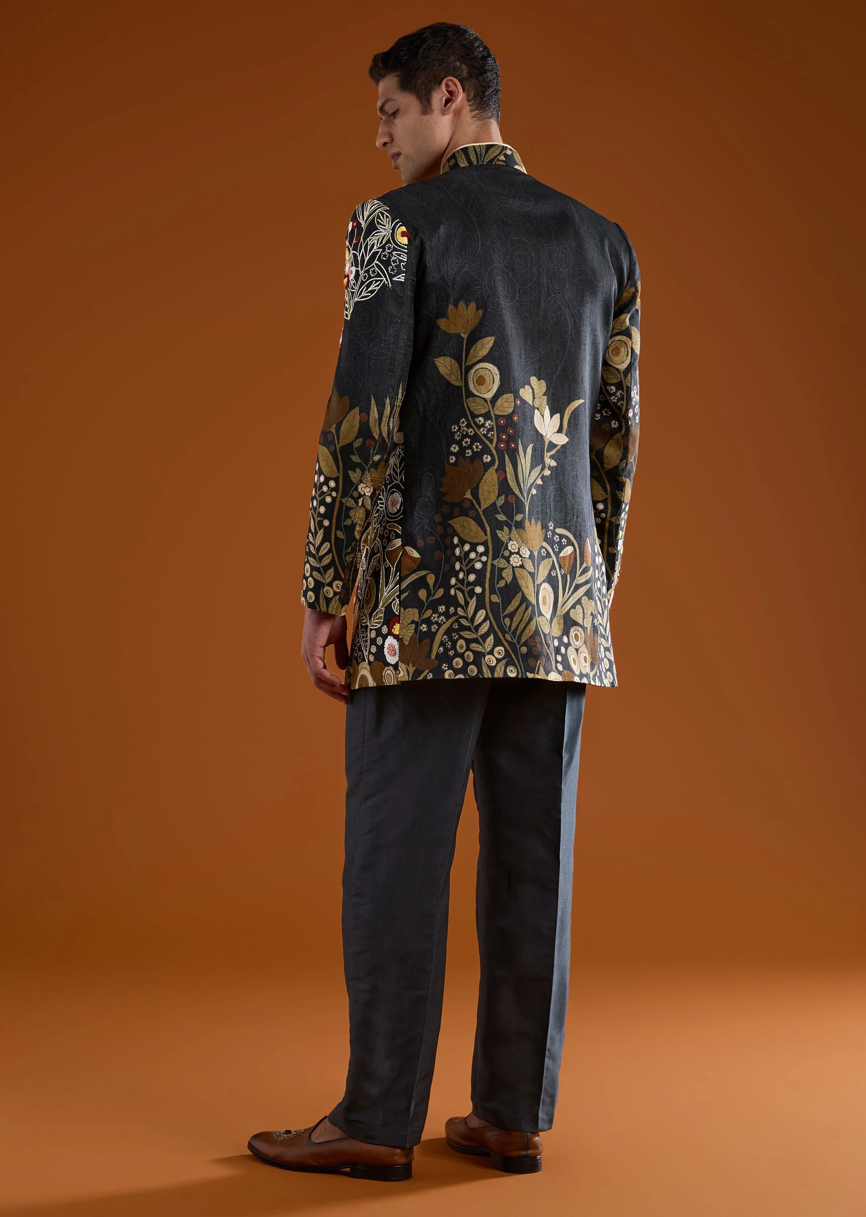 Charcoal Grey Indowestern Kurta Set with Resham Work - Image 5