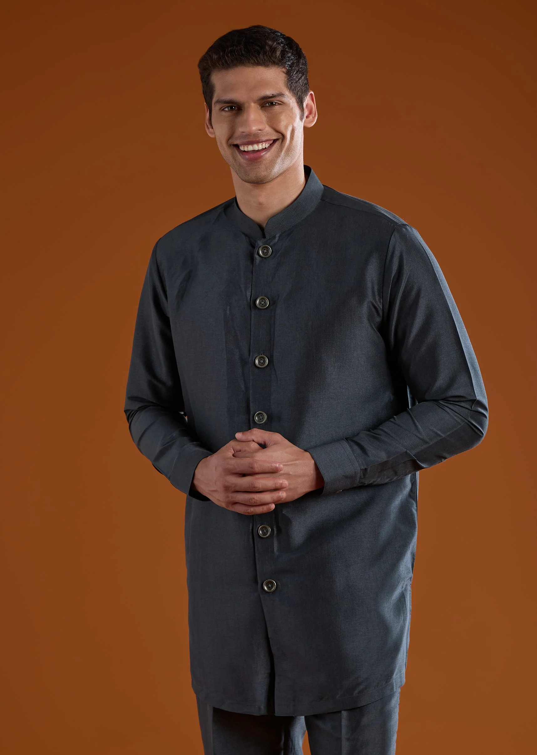 Charcoal Grey Indowestern Kurta Set with Resham Work - Image 6