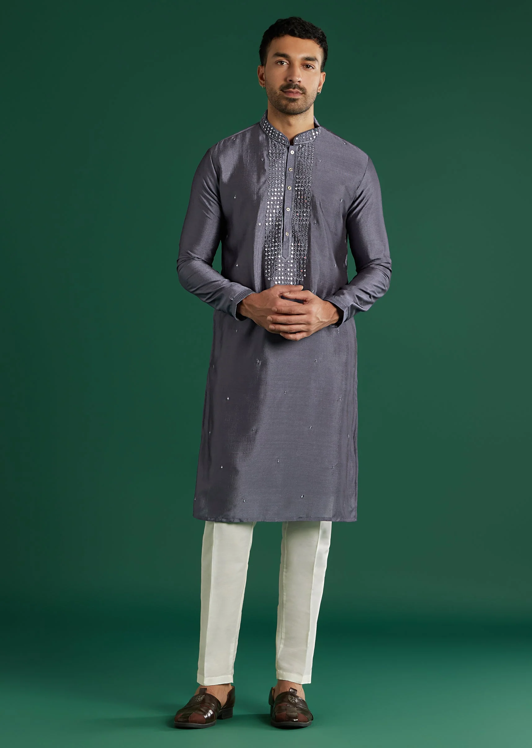 Charcoal Grey Silk Kurta Set For Men With Mirror Work