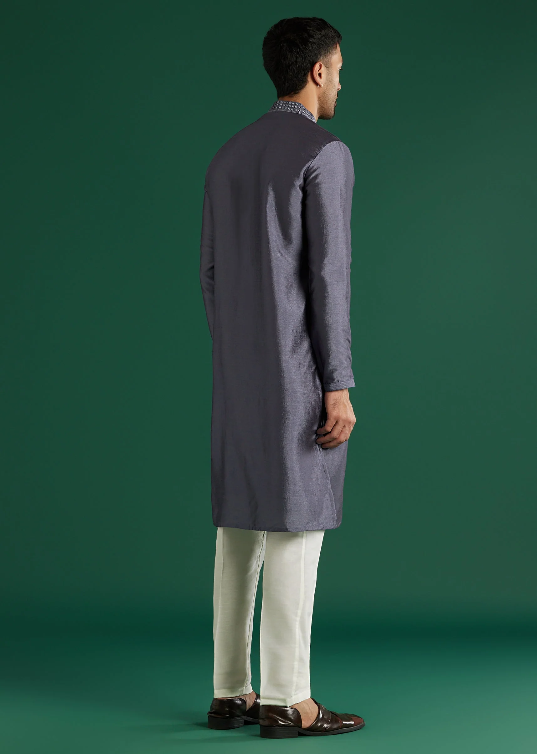 Charcoal Grey Silk Kurta Set For Men With Mirror Work - Image 5